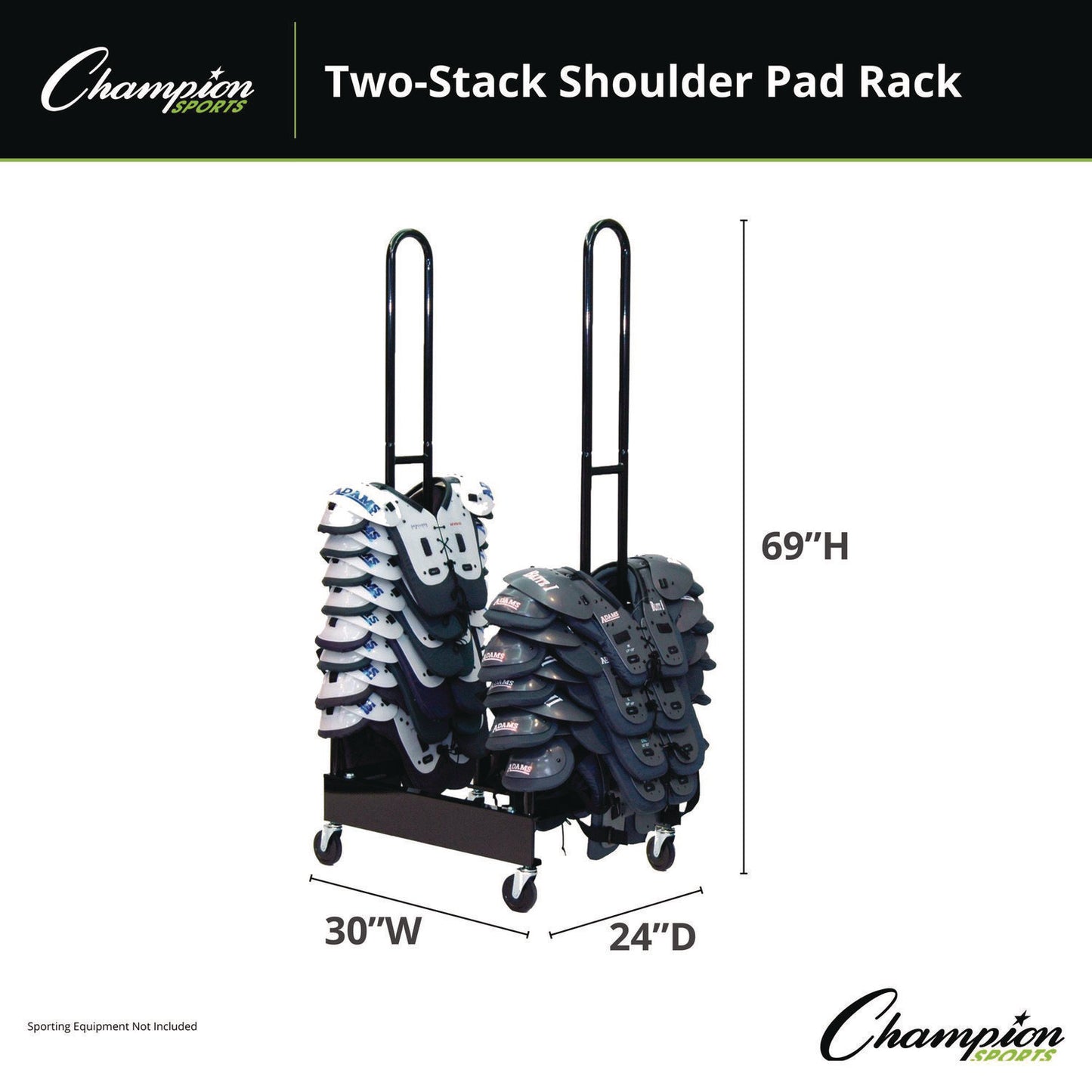 Mobile Two-Stack Shoulder Pad Rack, Metal, 176 lb Capacity, 24" x 30" x 69", Black