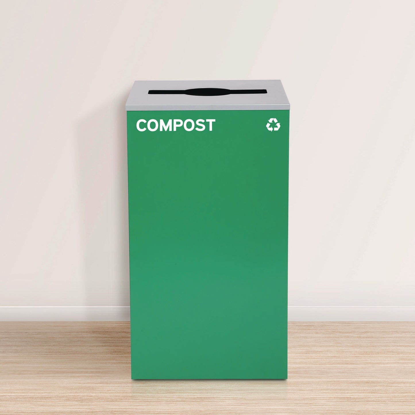 29 Gallon Trash/Recycling Cans, Steel, Blue Mixed Recycling w/Circle Lid, Green Compost w/Mixed Lid, Black Trash w/Square Lid