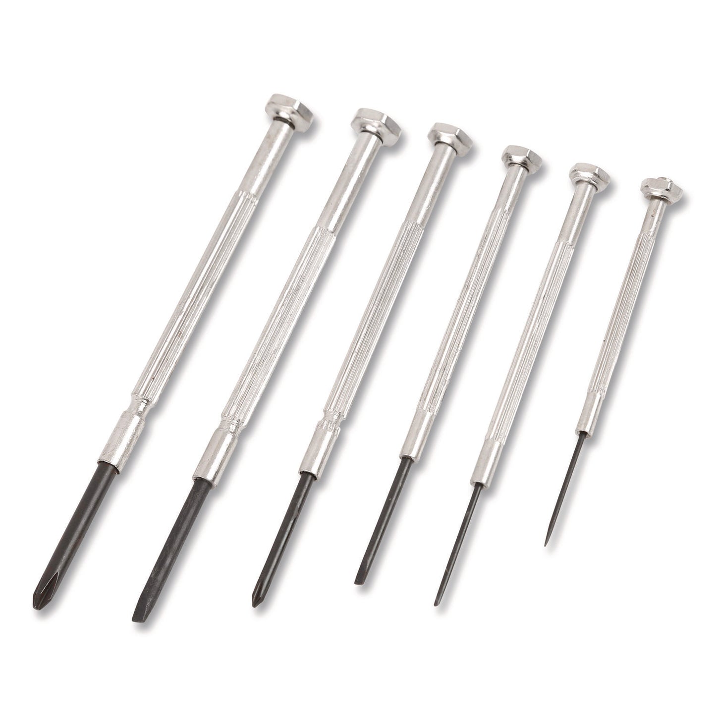 Precision Screwdriver Set, Six-Piece, Phillips/Slotted, Assorted Lengths, Polished Steel Handles