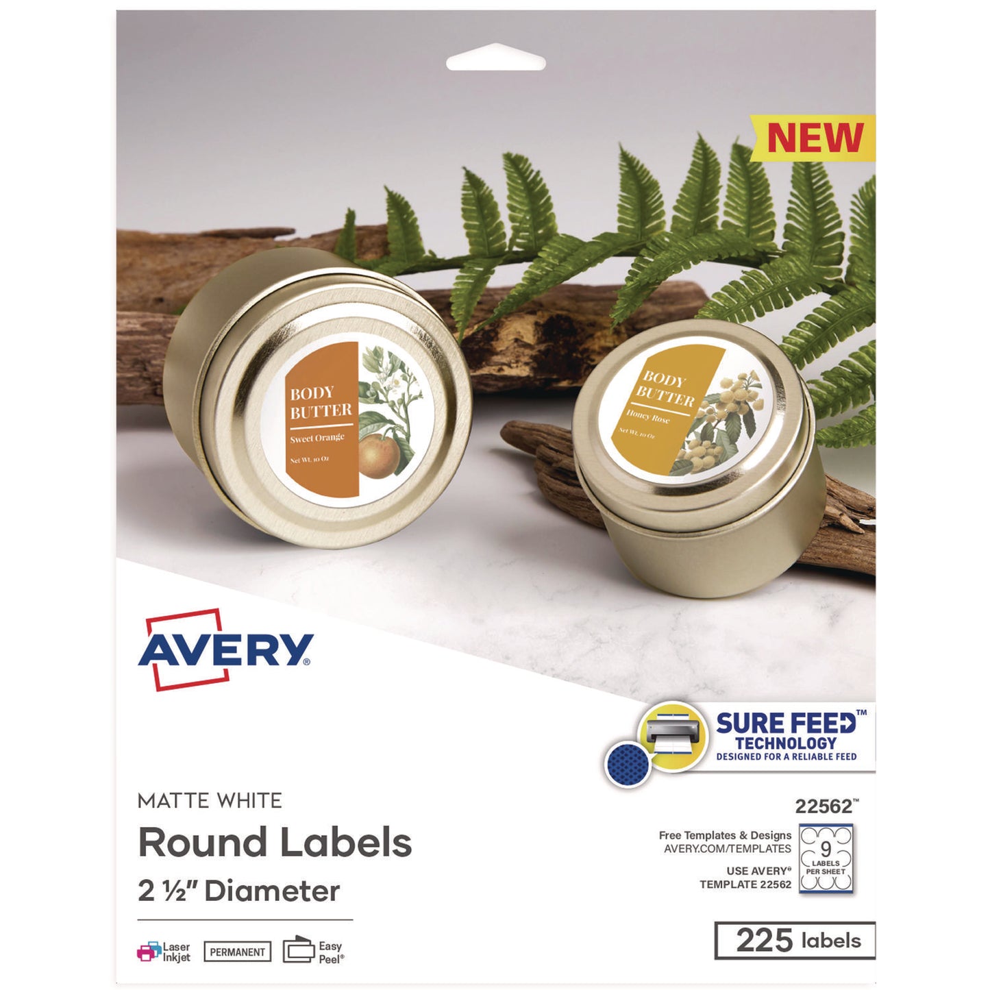 Laser/Inkjet Media Labels, Inkjet/Laser Printers, 2.5" dia, Matte White, 9 Labels/Sheet, 25 Sheets/Pack