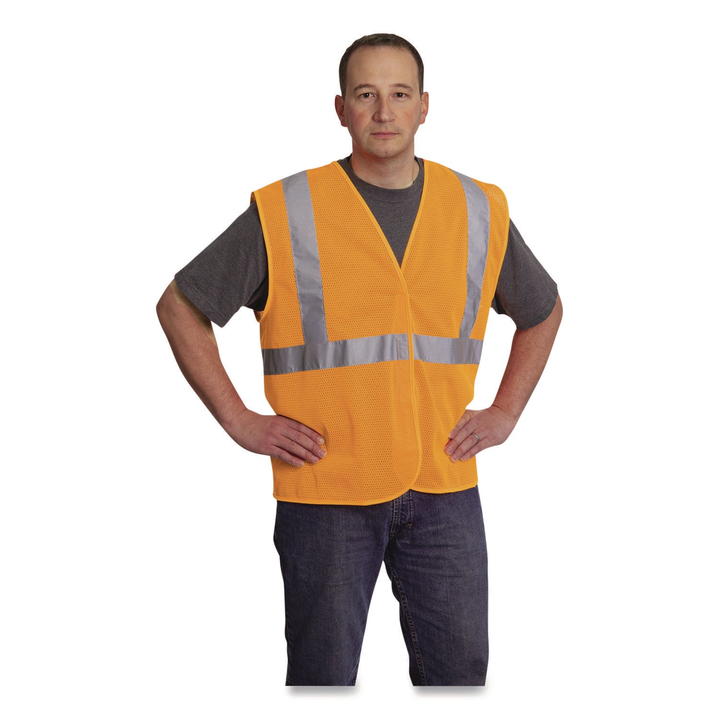 ANSI Class 2 Hook and Loop Safety Vest, Polyester Mesh, Large, Hi-Viz Orange
