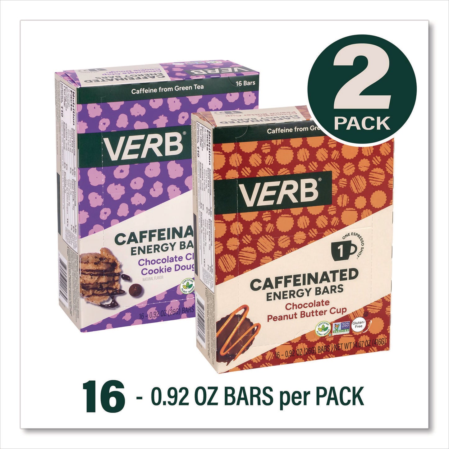 Caffeinated Energy Bar, Chocolate Peanut Butter Cup and Chocolate Chip Cookie Dough, 0.92 oz Bar, 32/Box
