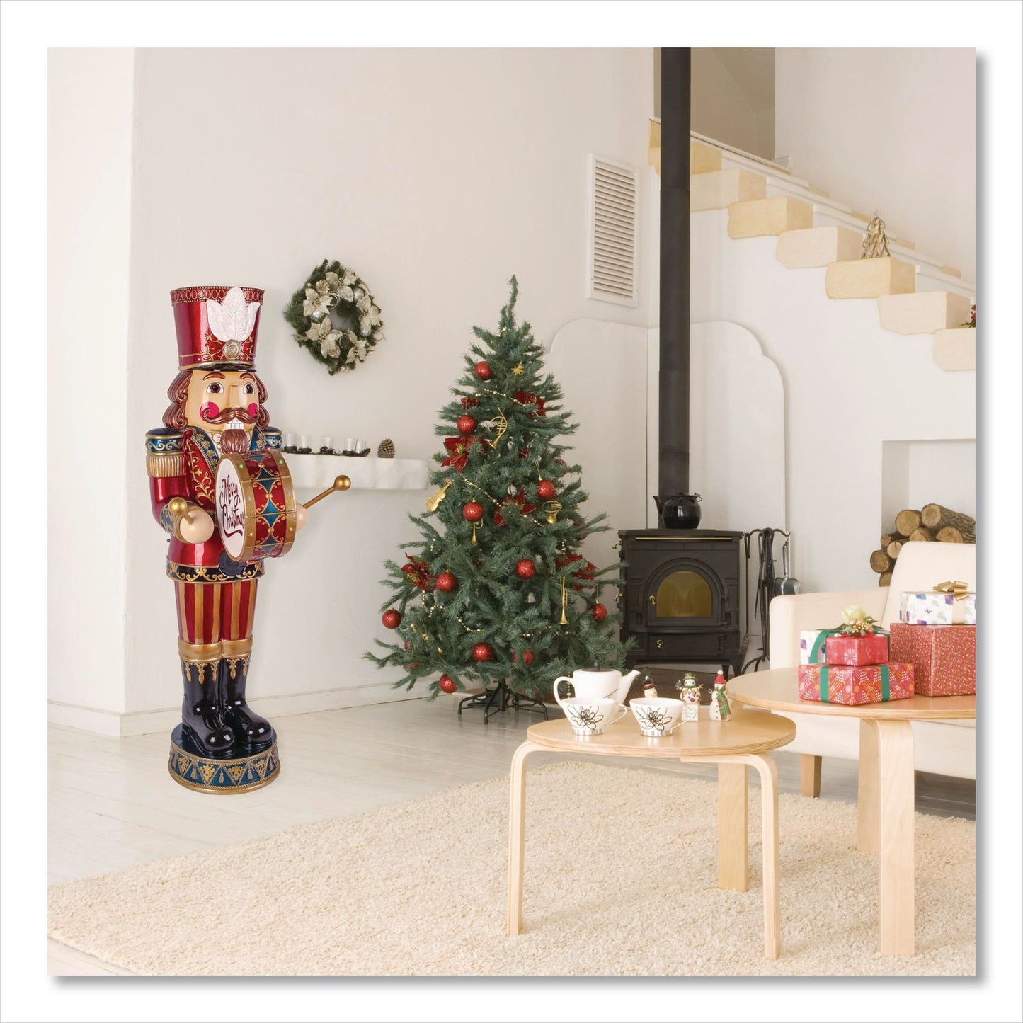 Animated Nutcracker, AC Powered, Blue/Green/Red/Yellow LED Lights, 22.25" x 18" x 58.5", Red