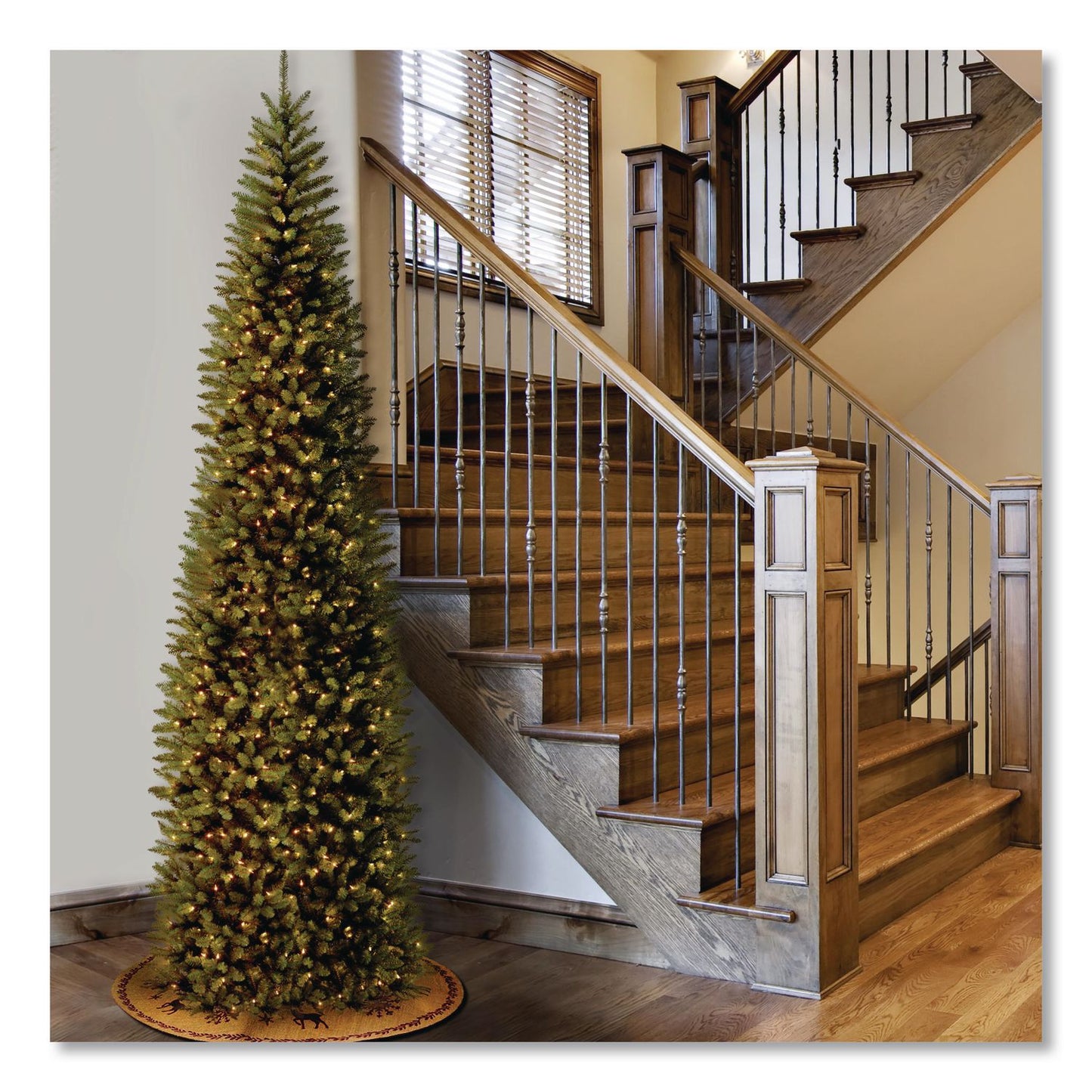Pre-Lit Kingswood Fir Pencil Slim Tree, 37" x 37" x 120", Green Tree, Green Tree Stand