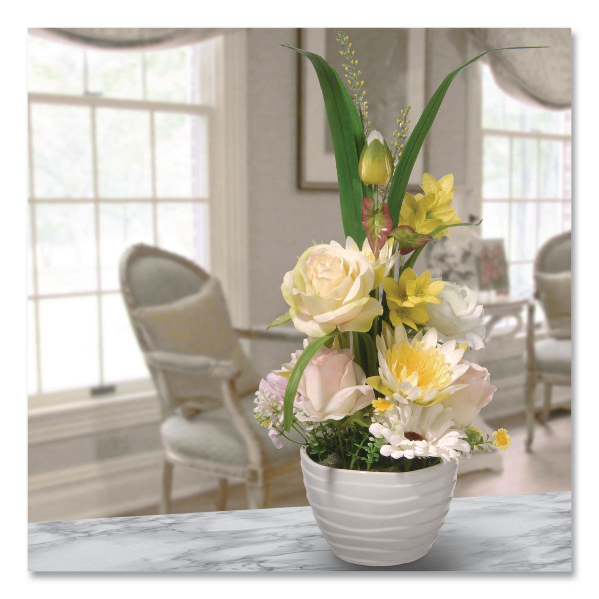 Spring White Daises and Roses Flowerpot, 9" x 9" x 17", White Flowers, White Pot