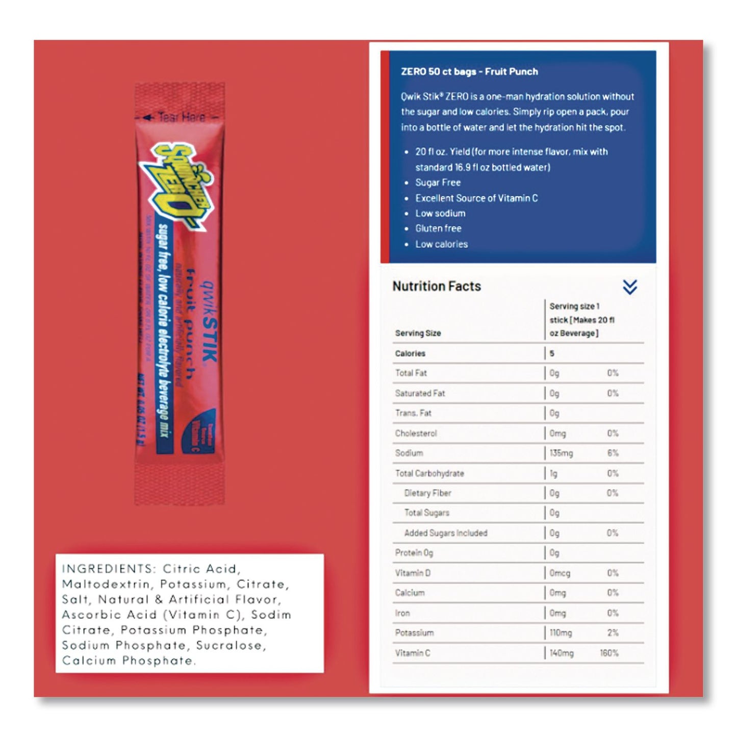Sugar-Free Qwik Stik Energy Drink Mix, Fruit Punch, 1.26 oz Packet, 50/Pack
