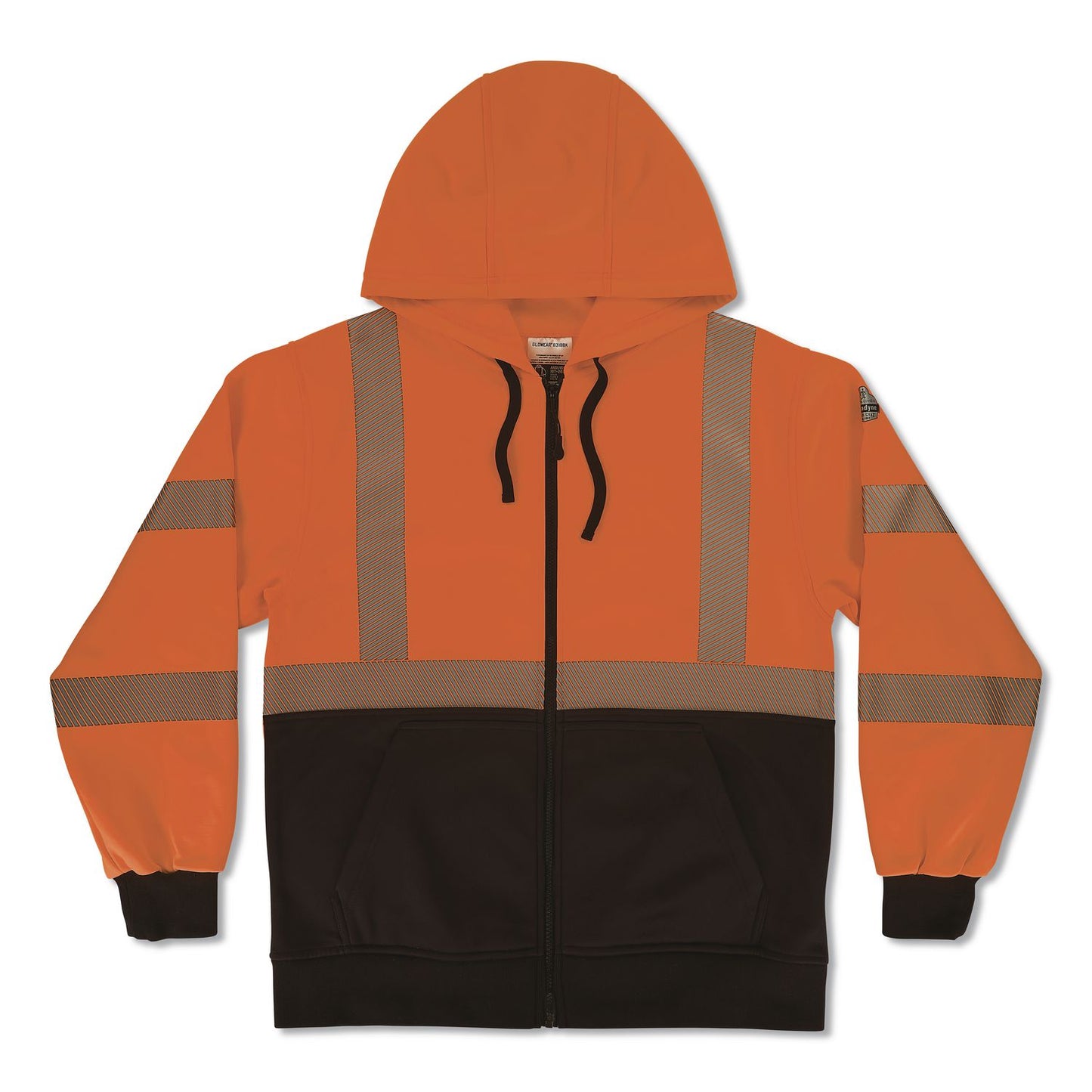 GloWear 8318BK Class 3 Performance Hi-Vis Hooded Zip-Up Sweatshirt with Black Bottom, X-Large, Orange