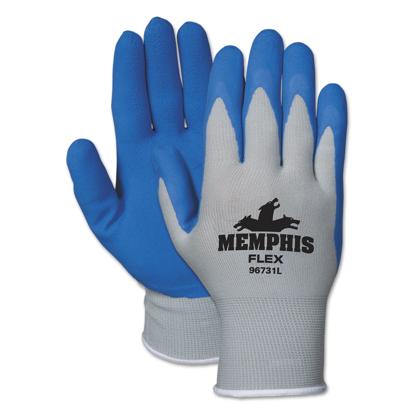 Memphis Flex Latex-Coated Seamless Nylon Knit Gloves, EN388: 3131, Large, Blue/Gray, Pair