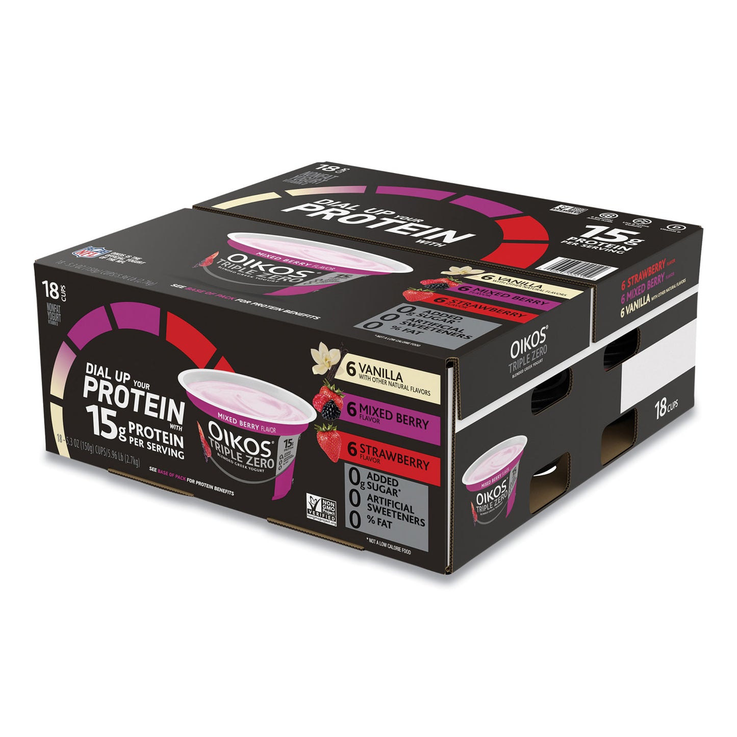 Triple Zero Blended Greek Nonfat Yogurt, 5.3 oz, Strawberry/Mixed Berry/Vanilla, 18/Carton