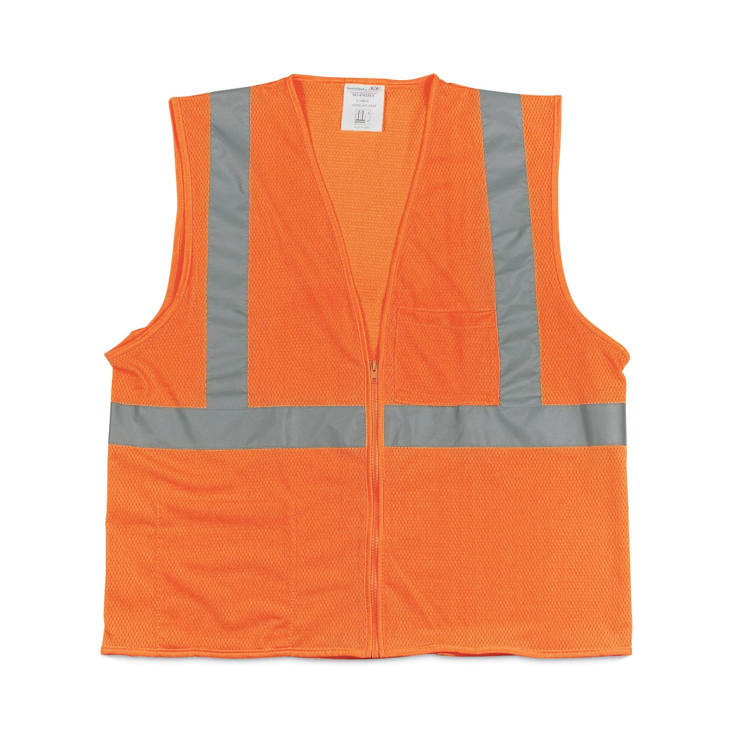 Zipper Safety Vest, Polyester Mesh, X-Large, Hi-Viz Orange
