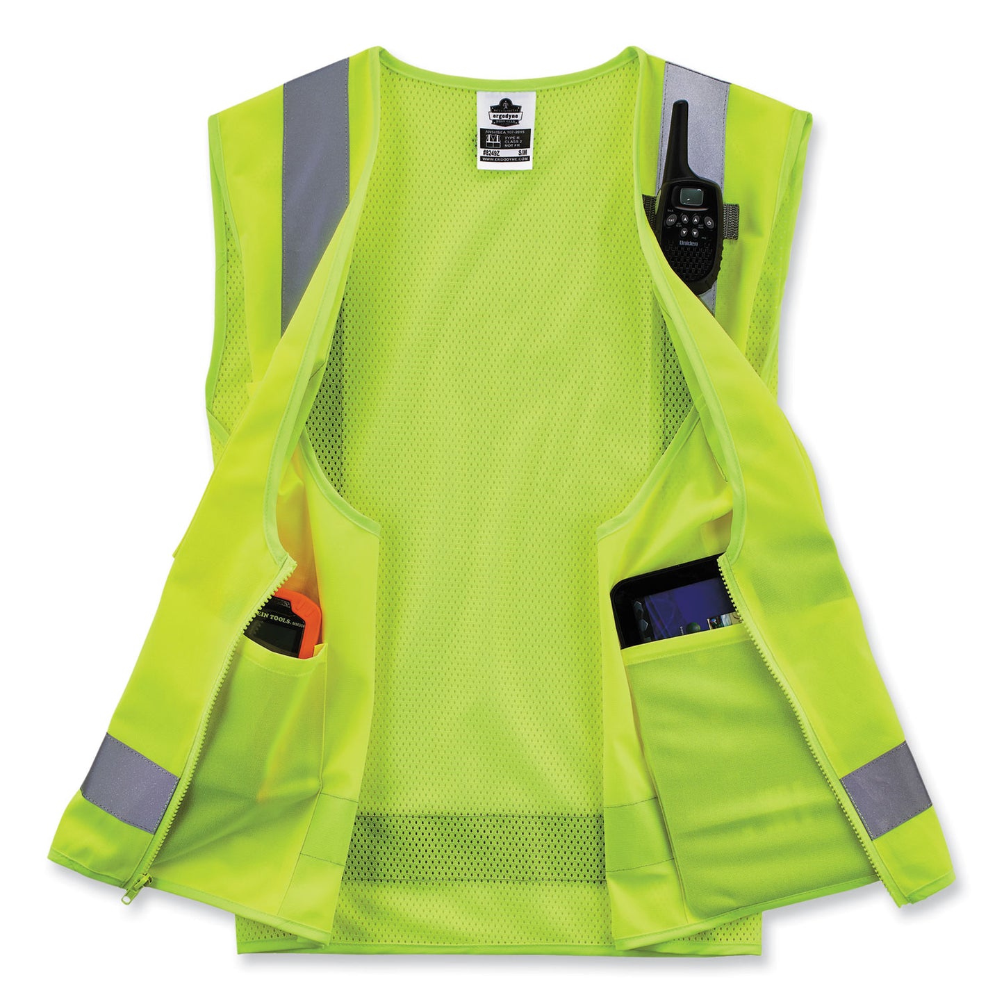 GloWear 8249Z-S Single Size Class 2 Economy Surveyors Zipper Vest, Polyester, Large, Lime