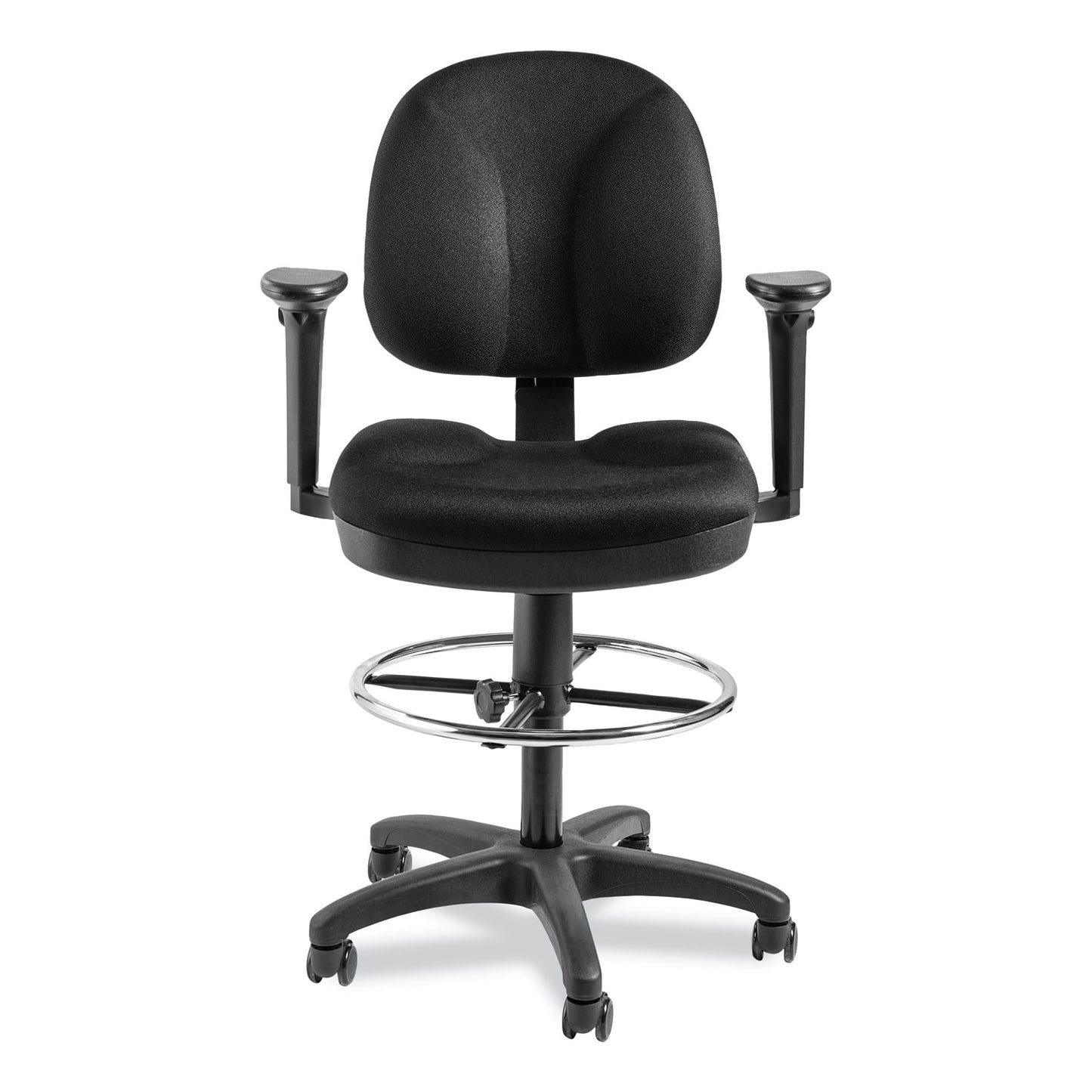 Comfort Task Stool with Arms, Supports Up to 300 lb, 25.5" to 35.5" Seat Height, Black Seat, Black Back, Black Base