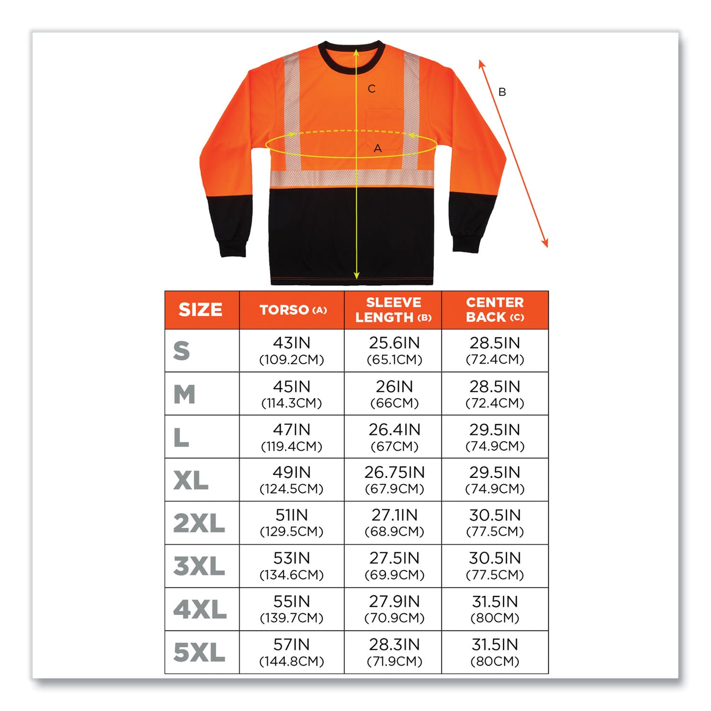 GloWear 8281BK Class 2 Long Sleeve Shirt with Black Bottom, Large, Orange