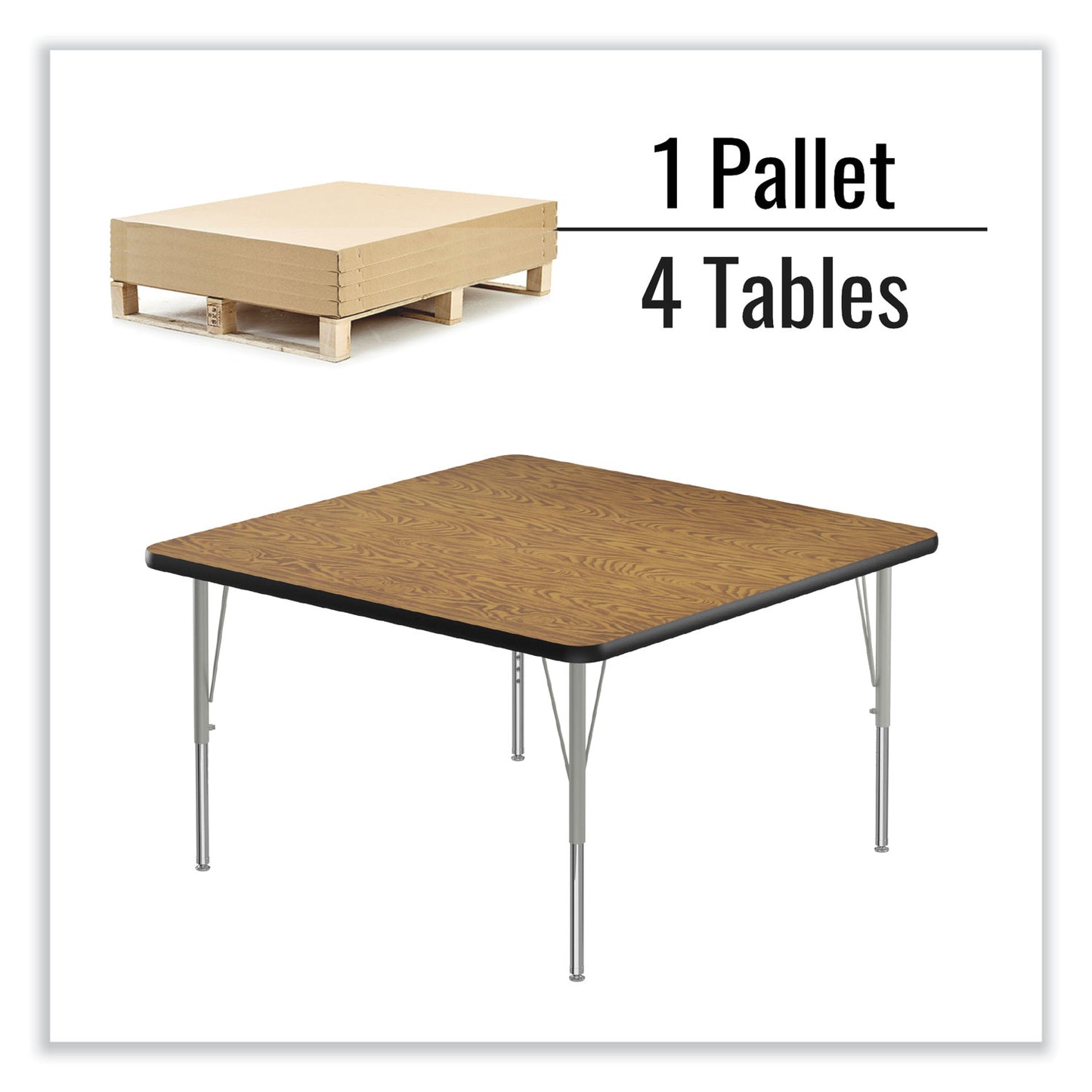 Adjustable Activity Tables, Square, 48" x 48" x 19" to 29", Medium Oak Top, Silver Legs, 4/Pallet