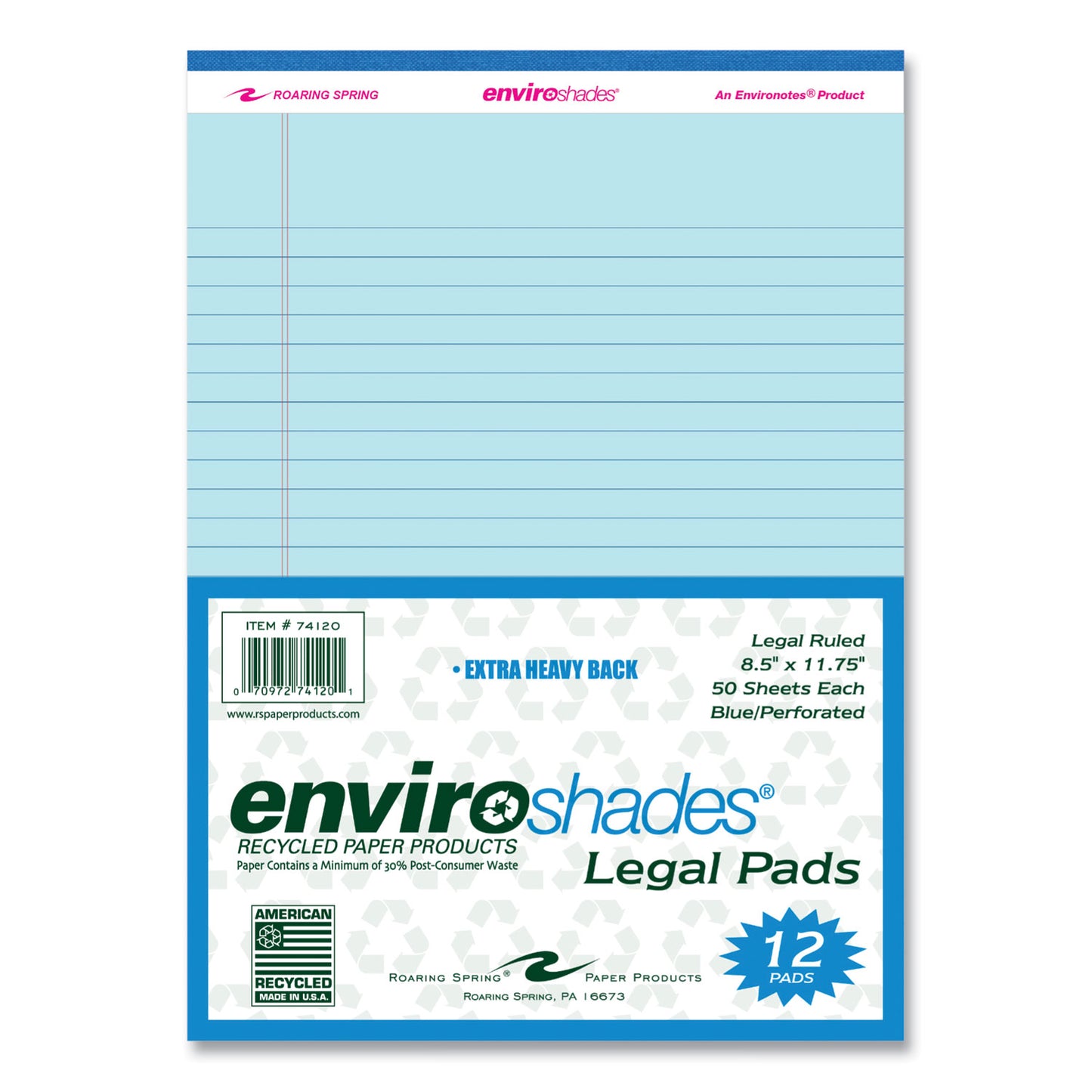 EnviroShades Legal Notepads, Wide/Legal Rule, (50) Blue 8.5 x 11 Sheets, 36/Carton