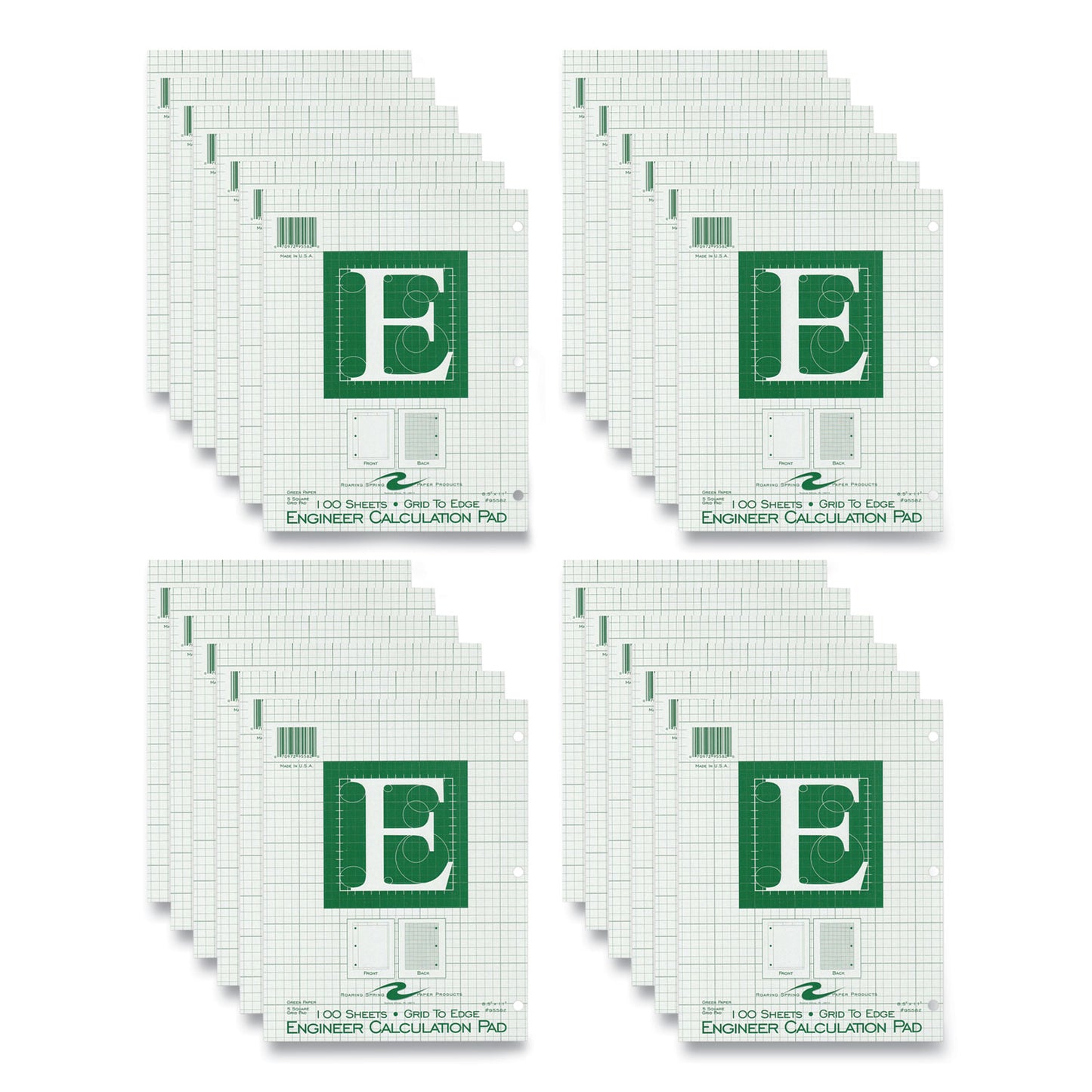 Engineer Pad, Data Format (1.25" Margin) and Quadrille Rule (5 sq/in, 1 sq/in), (100) Light Green 8.5 x 11 Sheets, 24/Carton