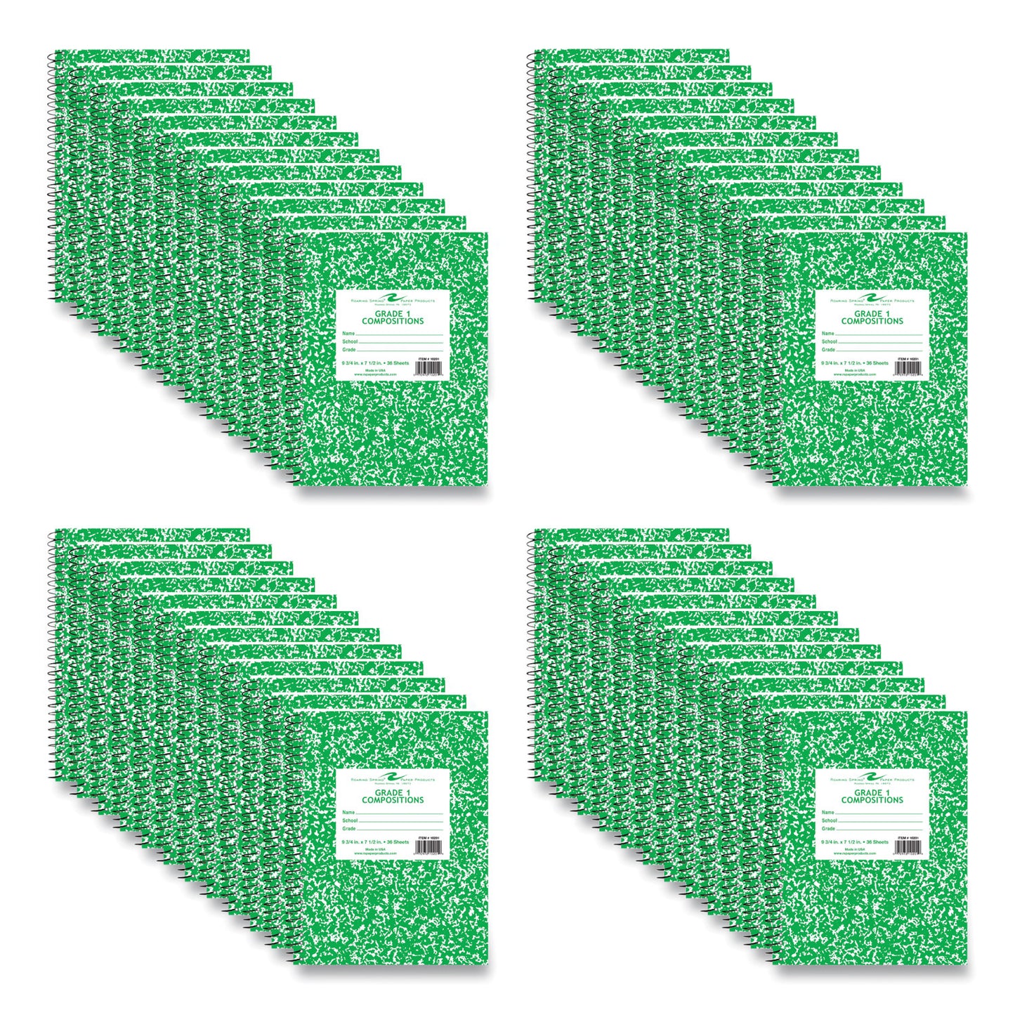 Grade School Wirebound Composition Book, Grade 1 Manuscript Format, Green Marble Cover, (36) 9.75 x 7.5 Sheets, 48/Carton