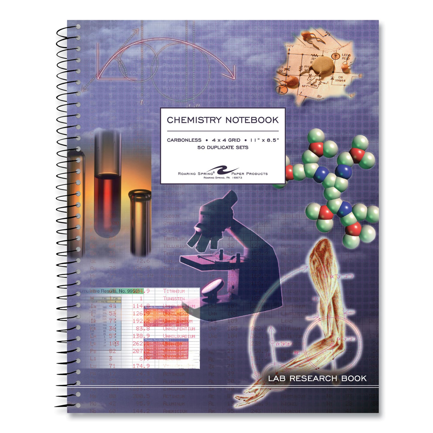 Lab and Science Two-Part Carbonless Notebook, Quadrille Rule (4 sq/in), Multicolor Cover, (50) 11 x 8.5 Sheets, 12/Carton
