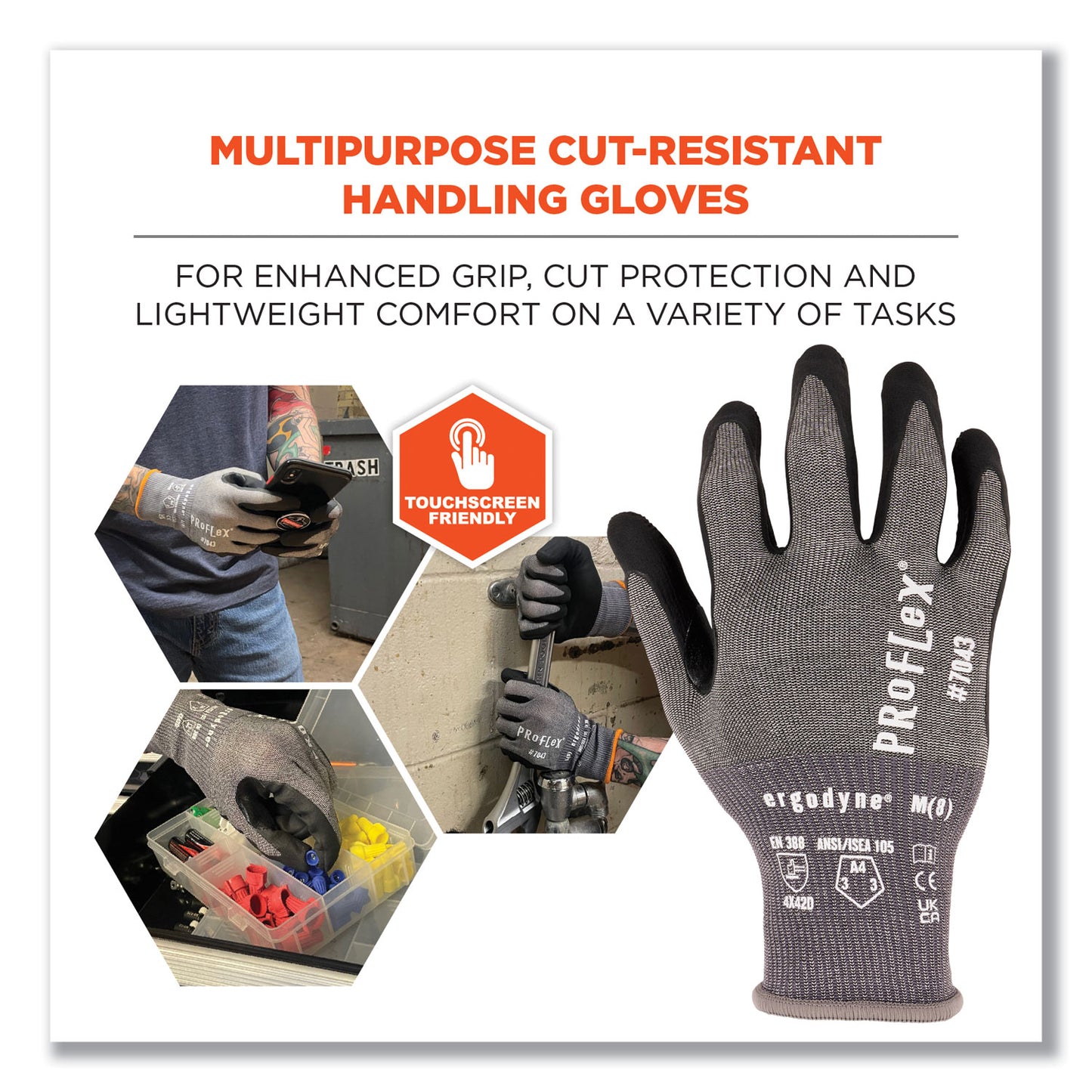 ProFlex 7043 ANSI A4 Nitrile Coated CR Gloves, EN388: 4X42D, 9" Long, Medium, Gray, 12 Pairs