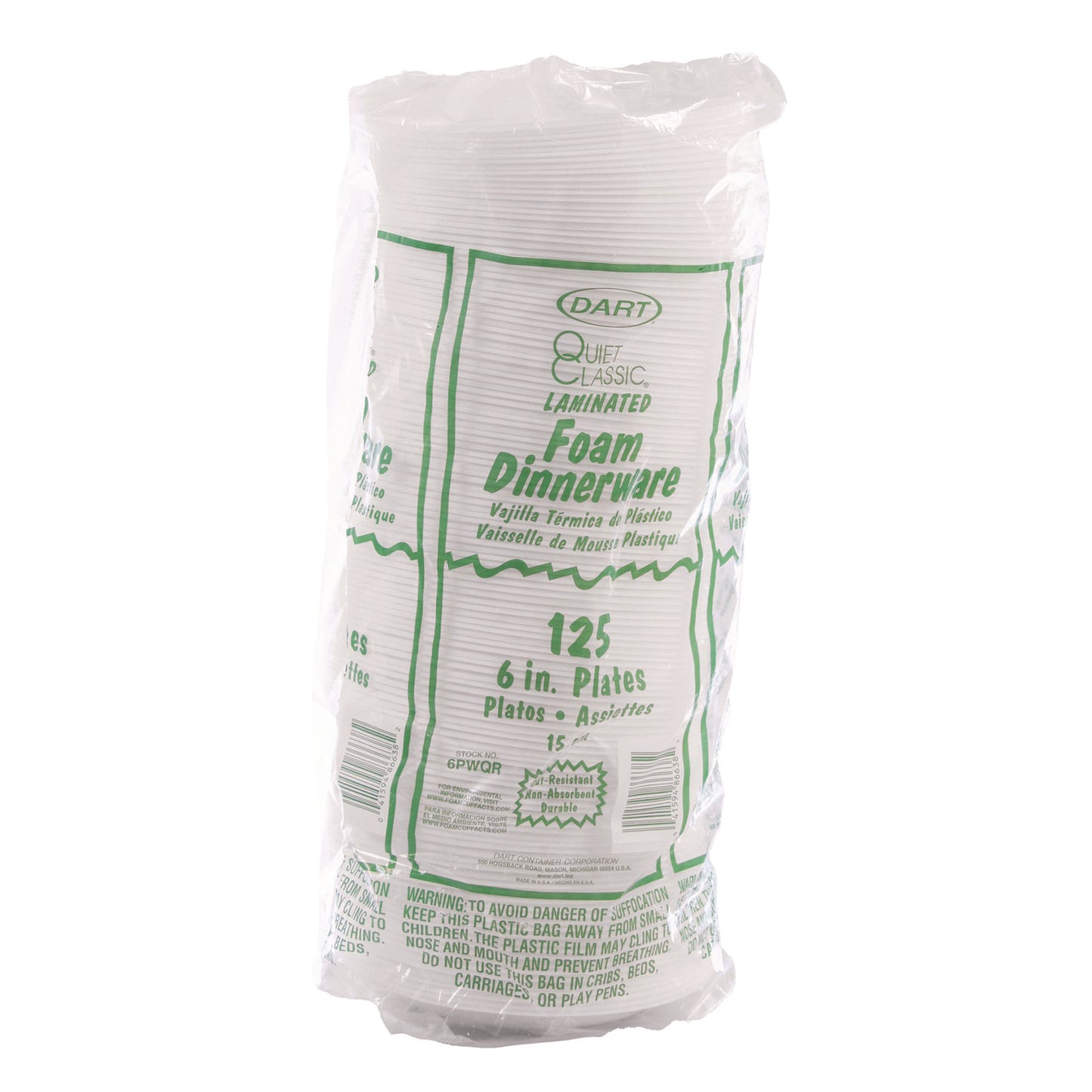 Mediumweight Foam Dinnerware, Plate, 6" dia, White, 125/Pack