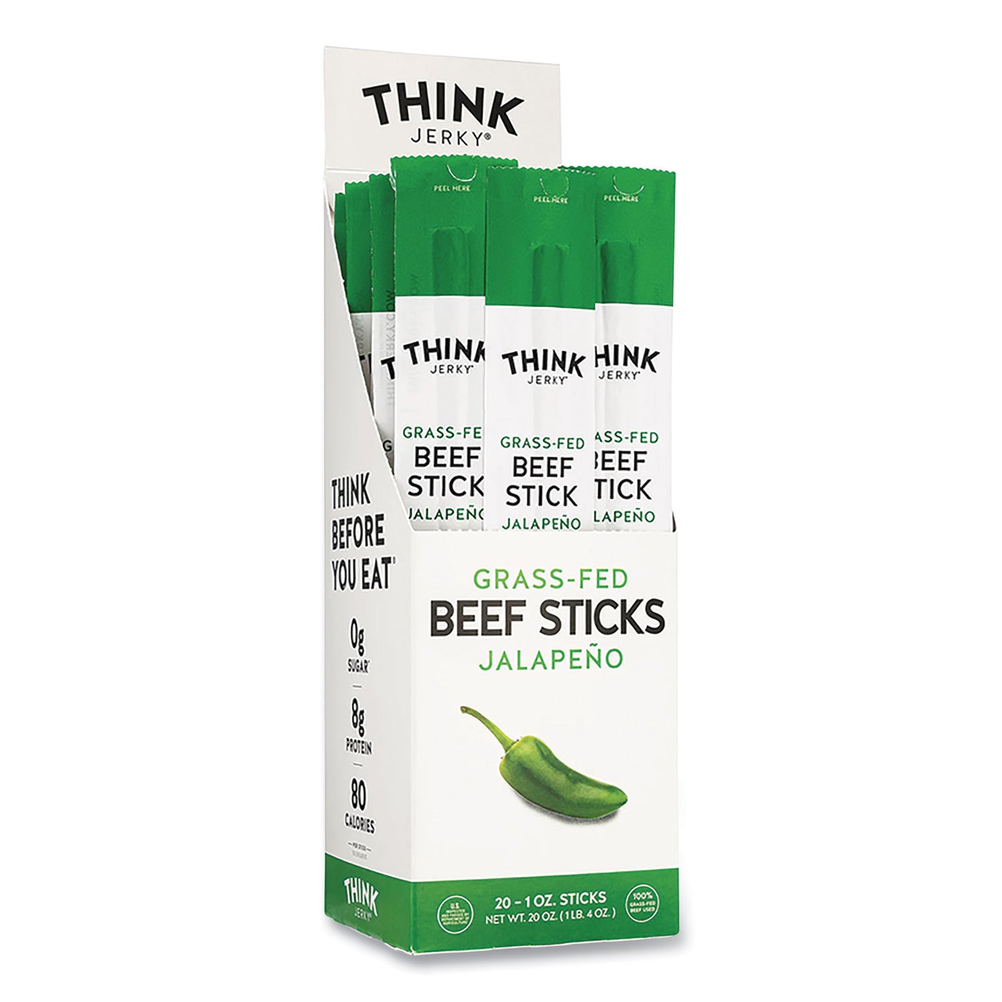 Jalapeno 100% Grass-Fed Beef Sticks, 1 oz Individually Wrapped Sticks, 20/Carton