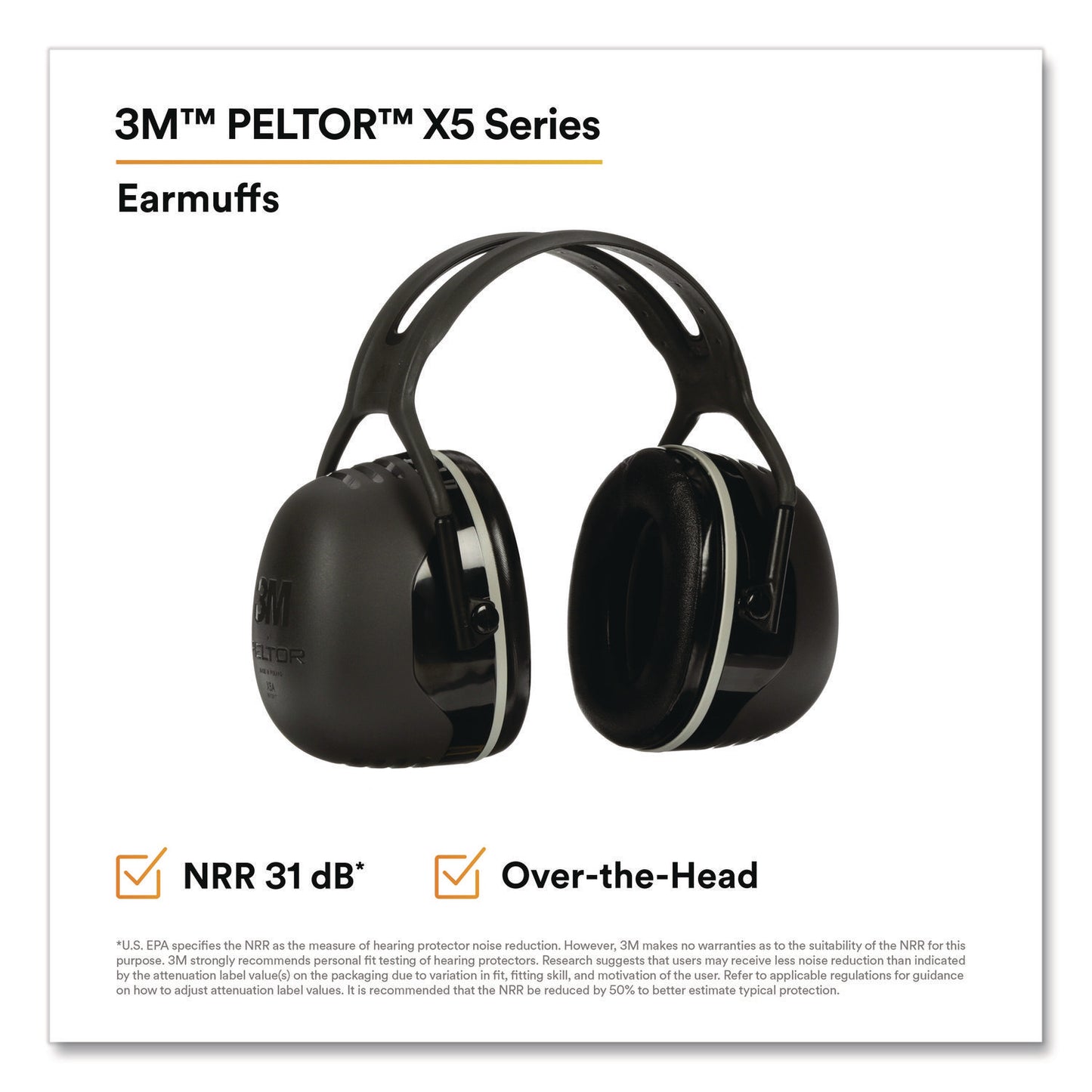 PELTOR X5A Over the Head Earmuffs, Dielectric, 31 dB NRR, Black/White
