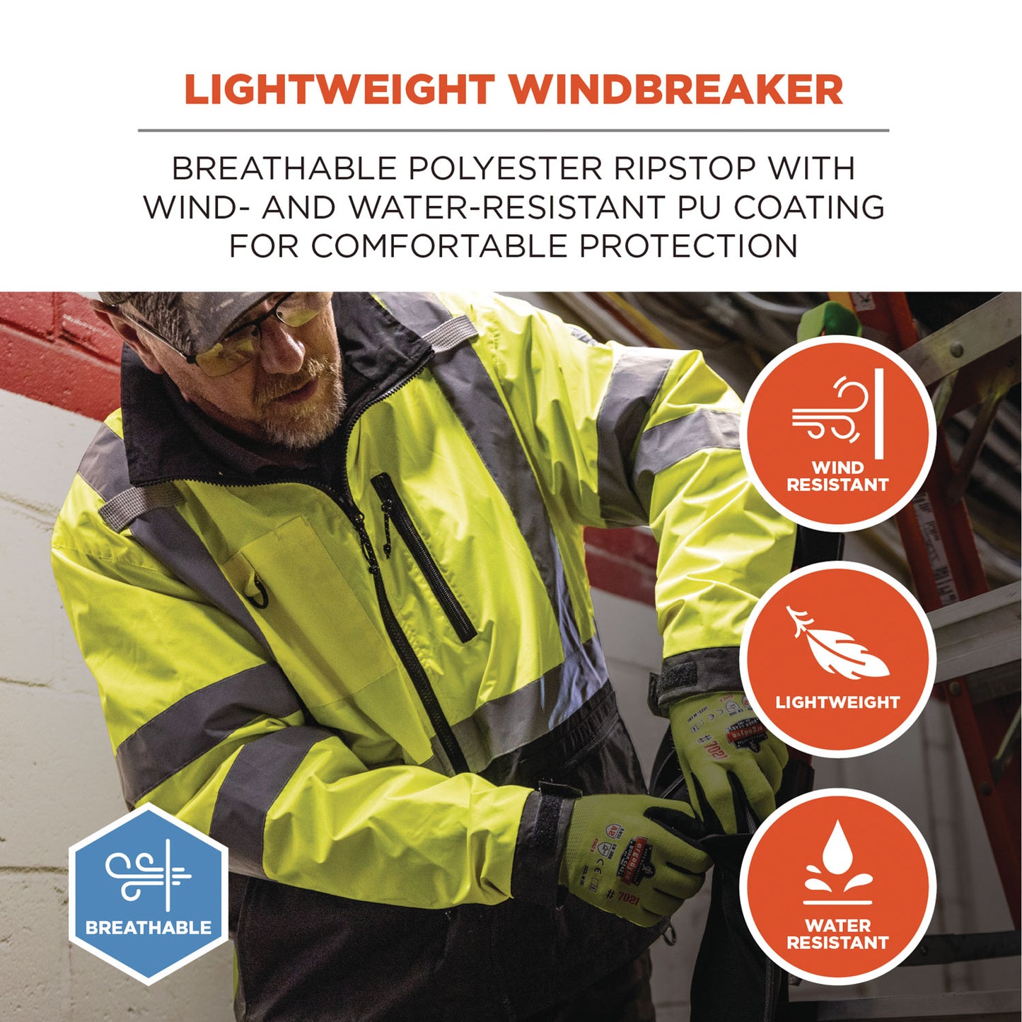 GloWear 8351 Class 3 Hi-Vis Windbreaker Water-Resistant Jacket, Large, Orange