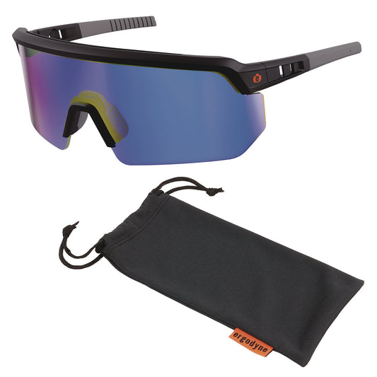 Skullerz AEGIR Safety Glasses, Matte Black Half Frame, Mirrored Blue Single Lens