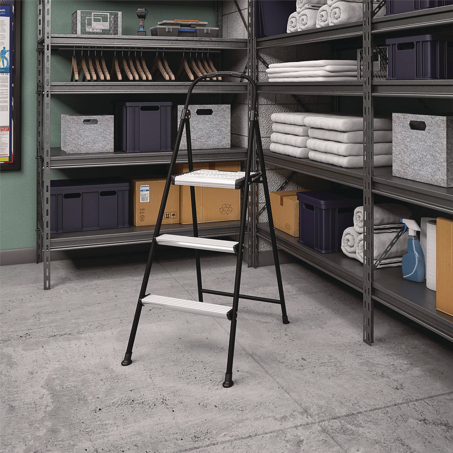 3-Step Stepstool, 250 lb, 28.75" Tall, 28.35" Spread, Black/Silver