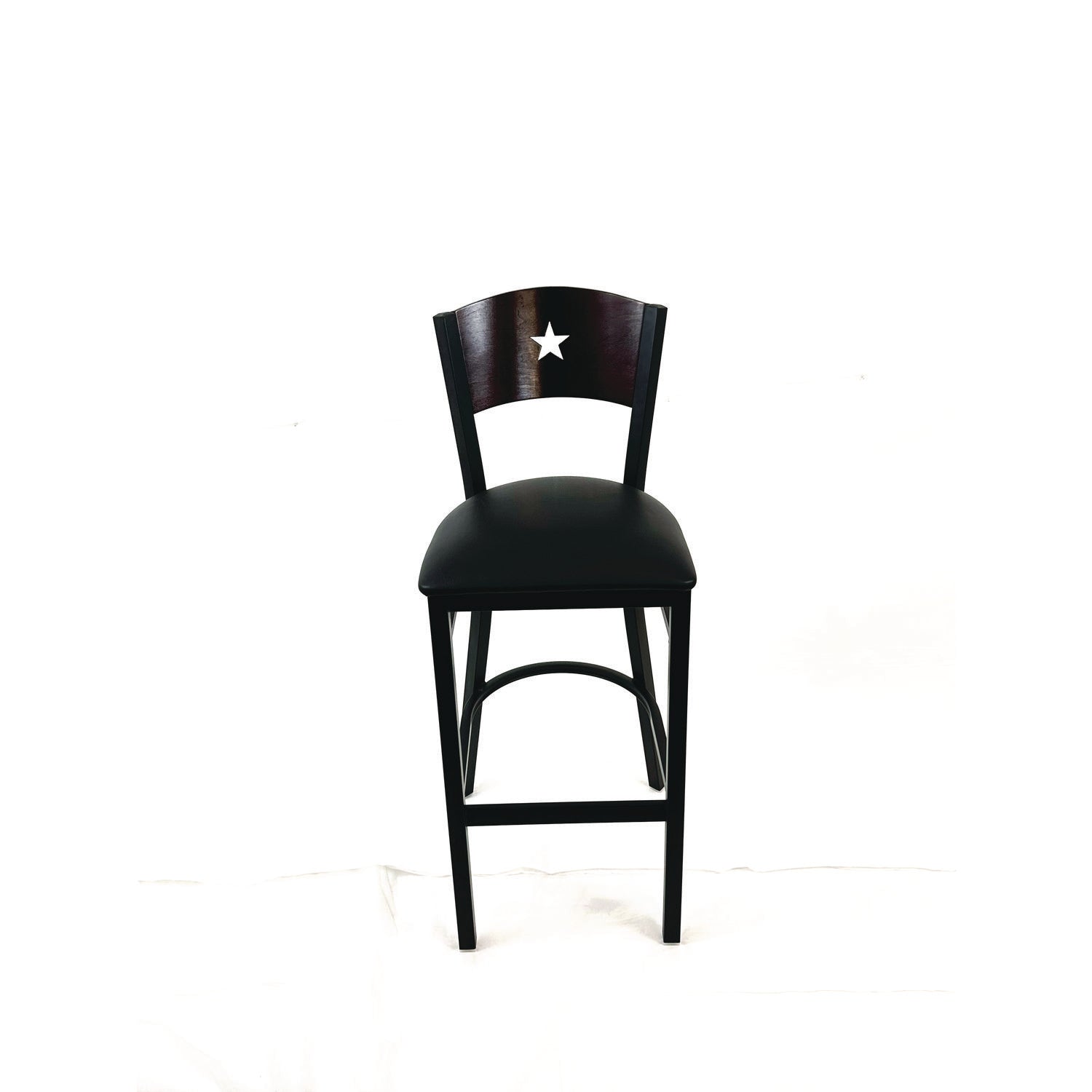 Liberty Series Barstool, Supports Up to 300 lb, 28.5" Seat Height, Black Seat, Dark Mahogany Back, Black Base