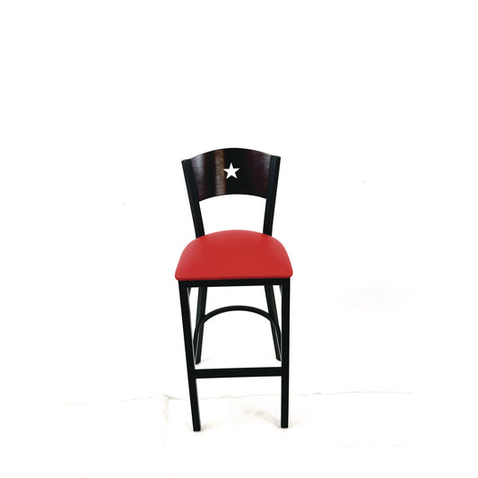 Liberty Series Barstool, Supports Up to 300 lb, 28.5" Seat Height, Red Seat, Dark Mahogany Back, Black Base