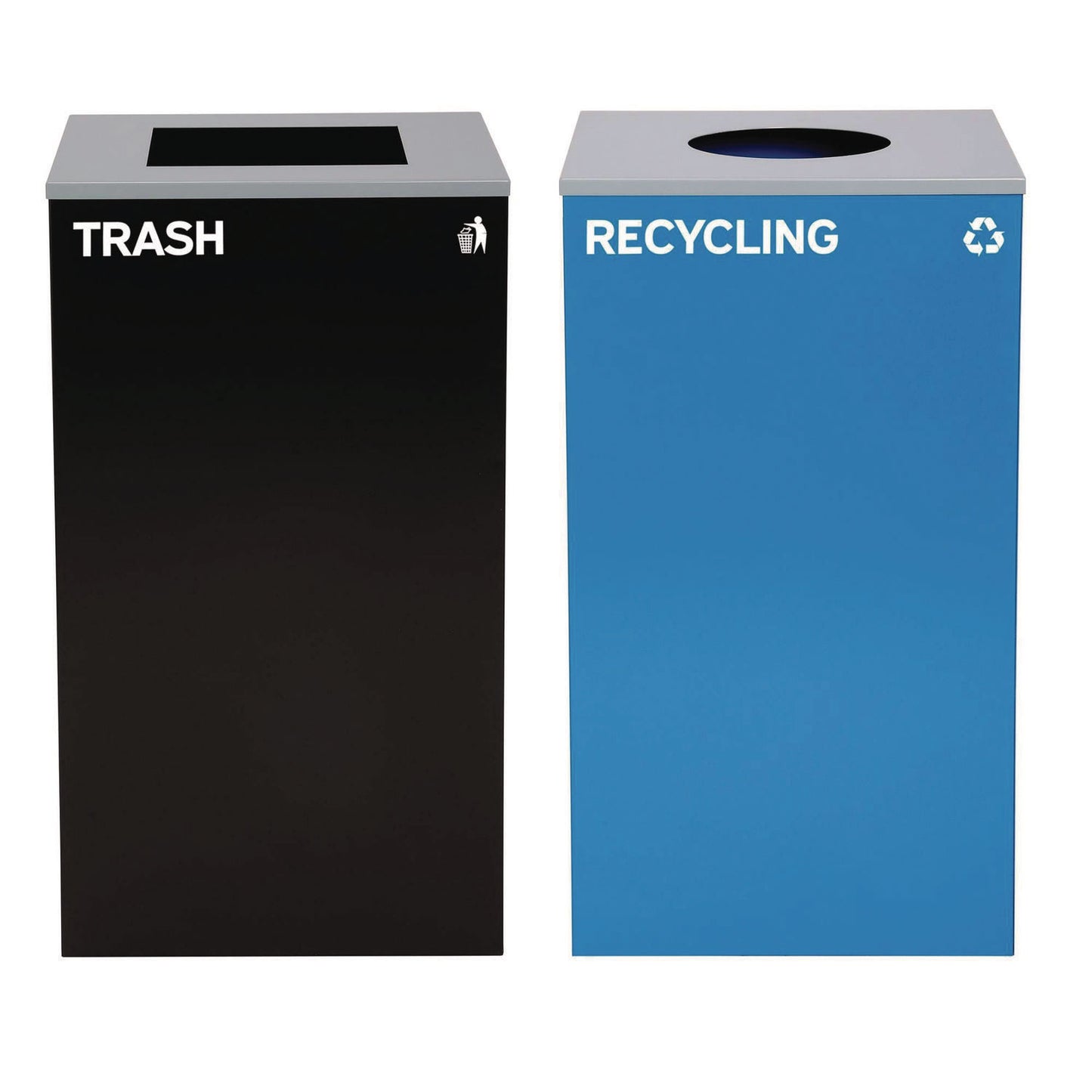 29 Gallon Trash/Recycling Cans, Steel, Blue Recycling with Circle Lid, Black Trash Can with Square Lid