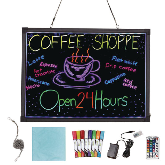 LED Illuminated Hanging Message Writing Board, Black 26" x 18" Surface, Black 27.6" x 19.7" Frame