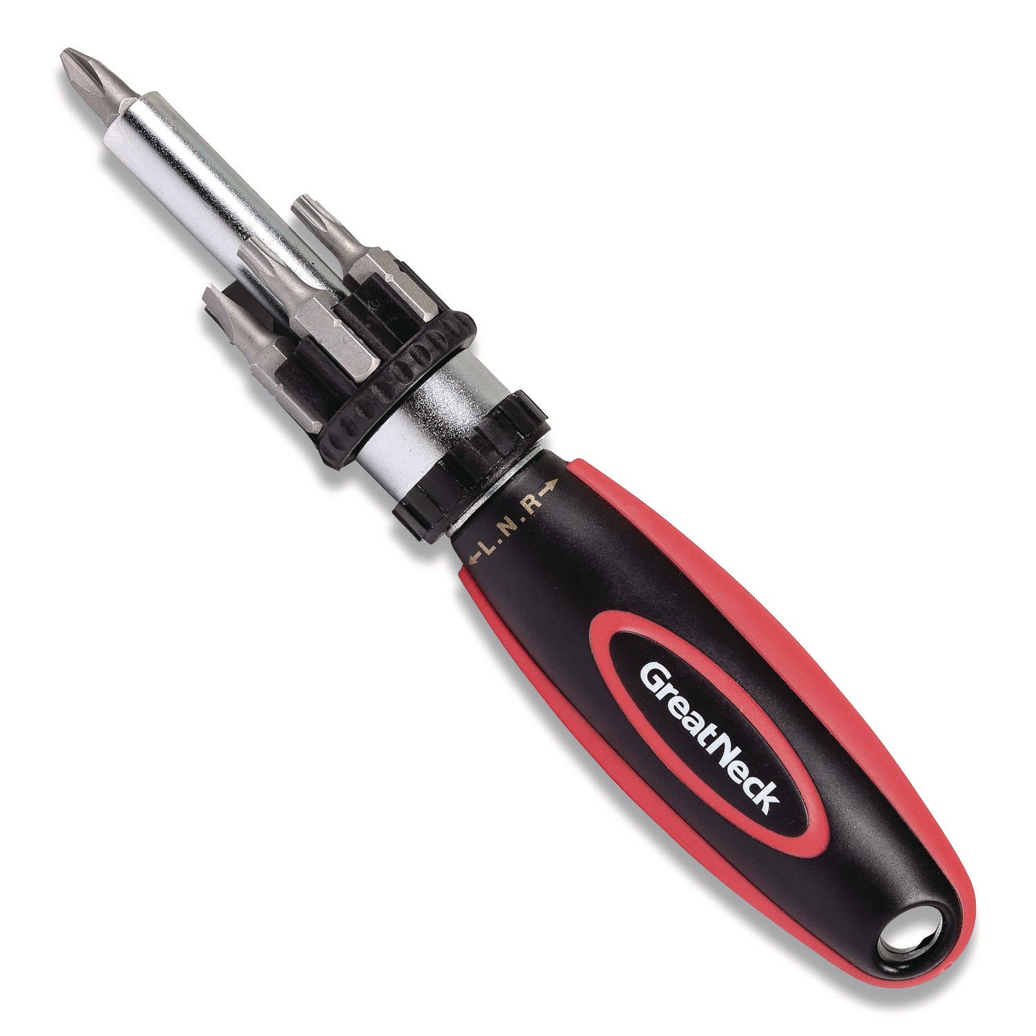 Ratcheting Screw/Nut Driver Set, Phillips/Slotted/Star Bits, 7" Long, Black/Red