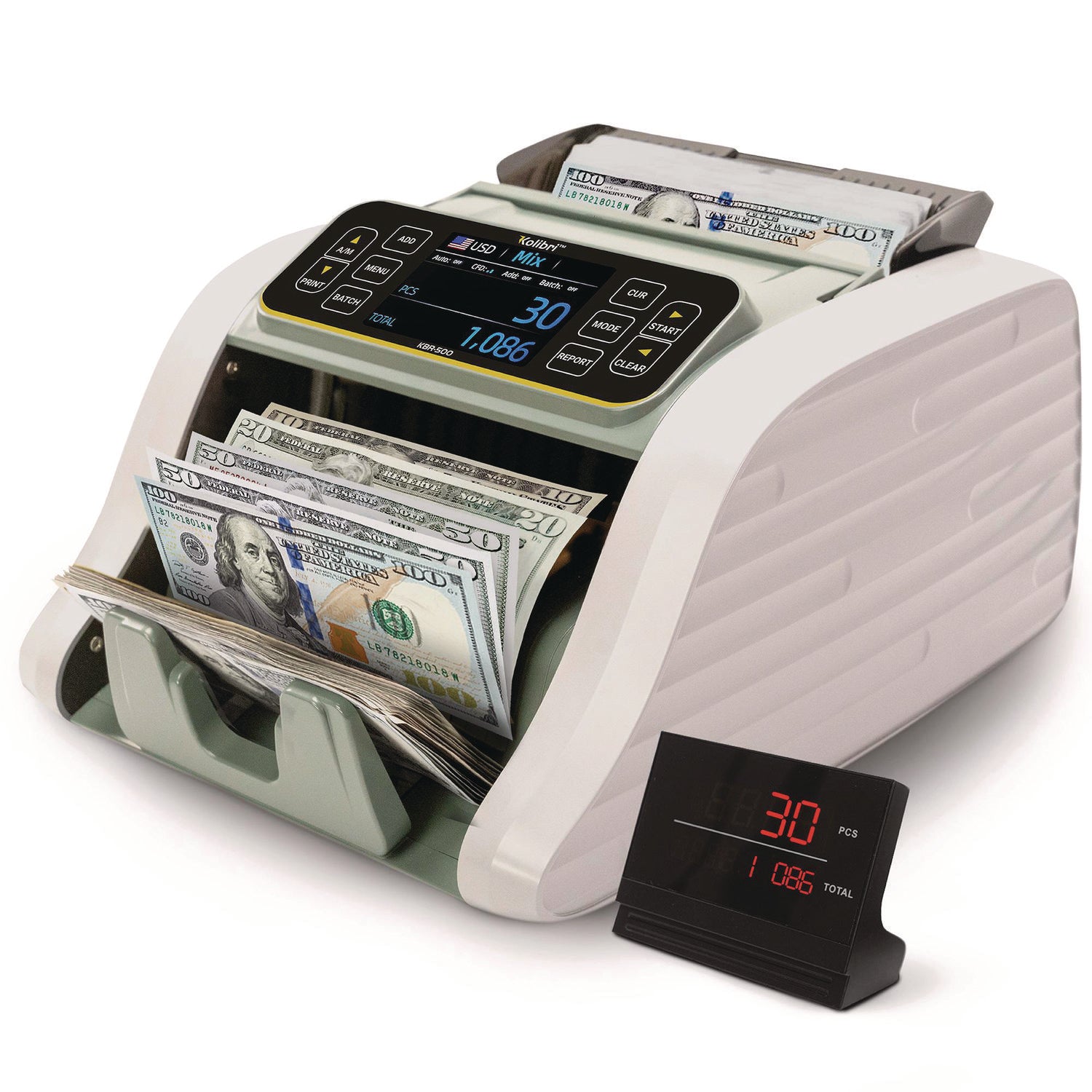 KBR-500 Mixed Denomination Bill Counter, 1,200 Bills/Min, 9.2" x 14.3" x 13", Light Gray/Black