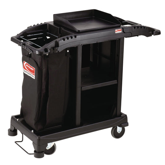 Compact Standard Housekeeping Cart, Plastic, 1 Shelf, 23.25" x 53.18" x 46.57", Black
