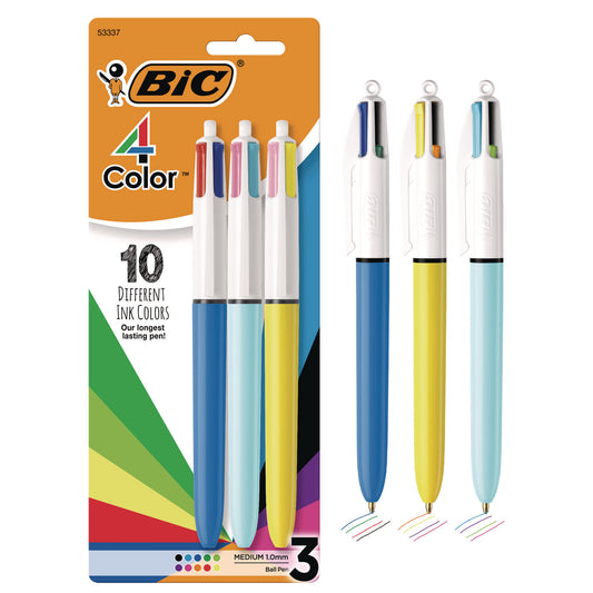 4-Color Multi-Color Ballpoint Pen, Retractable, Medium 1 mm, Assorted Ink and Barrel Colors, 3/Pack