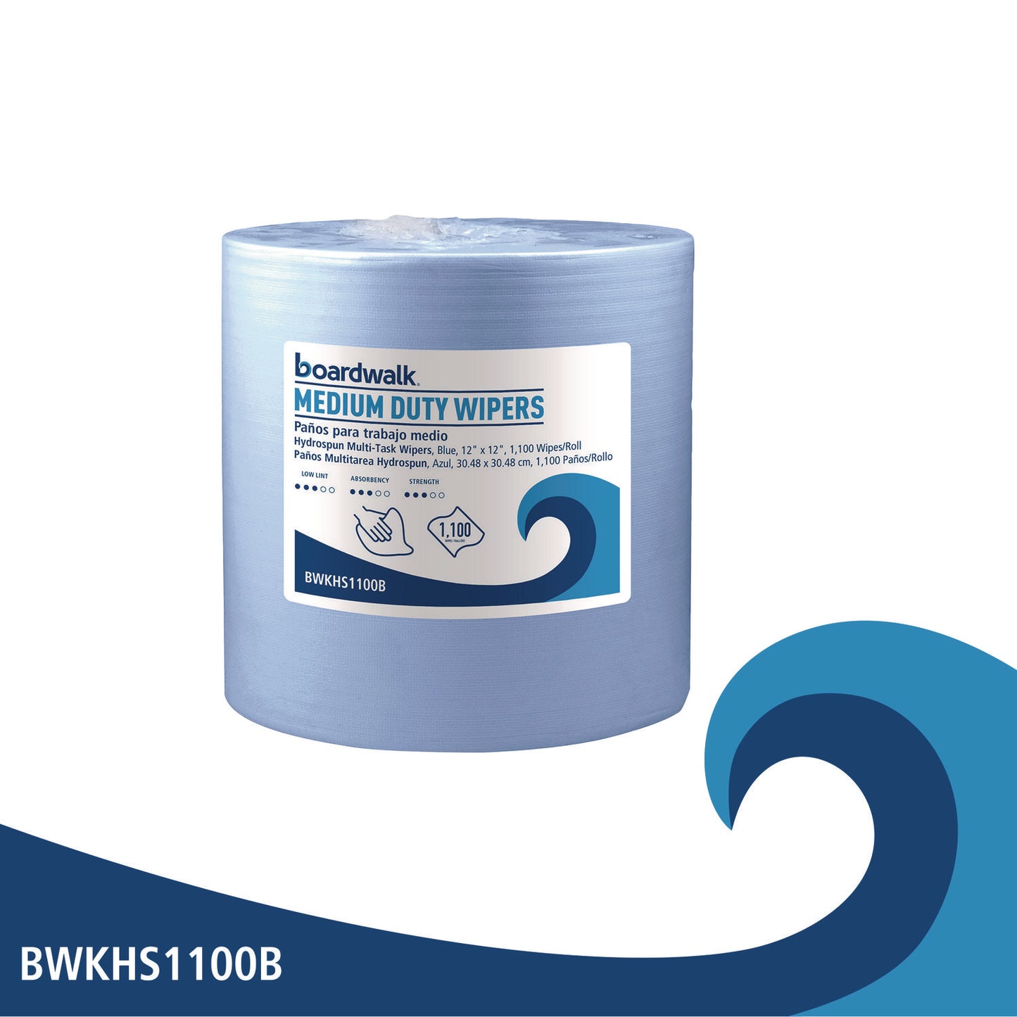 Hydrospun Wipers, Medium Duty, 12 x 12, Blue, 1,100/Roll