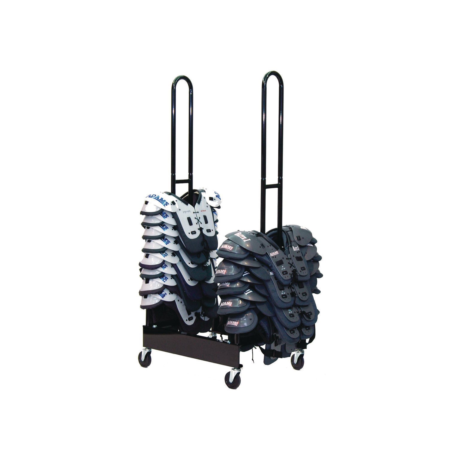 Mobile Two-Stack Shoulder Pad Rack, Metal, 176 lb Capacity, 24" x 30" x 69", Black