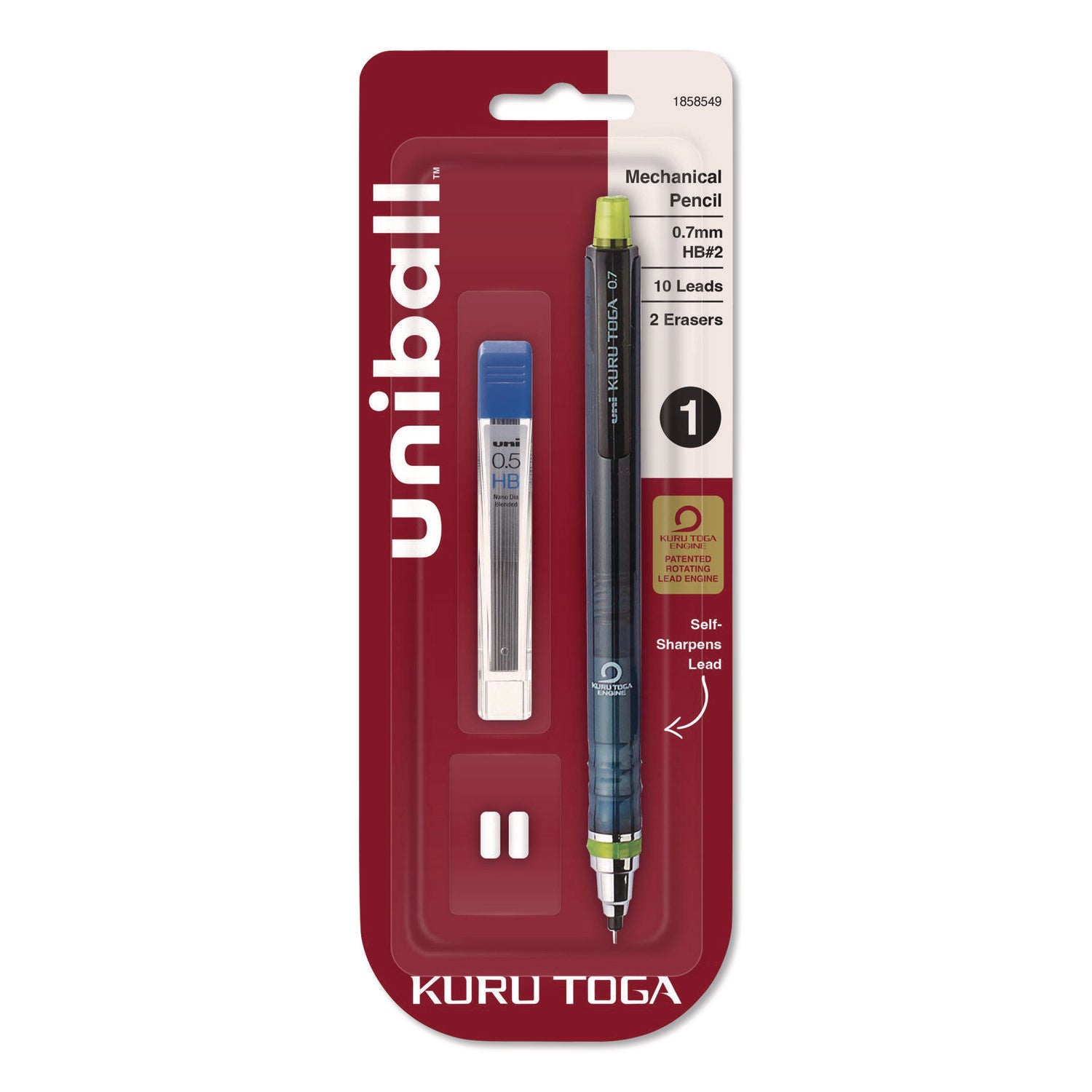 KuruToga Mechanical Pencil with Tube of Diamond Lead, 0.7 mm, HB (#2), Black Lead, Black/Green Barrel