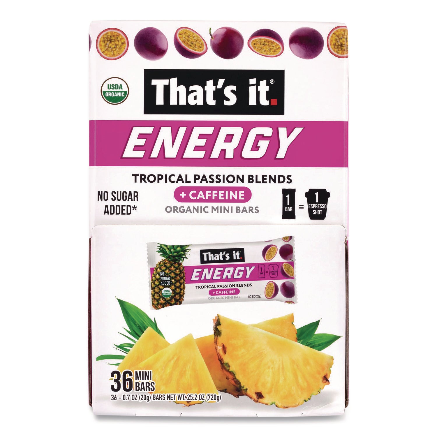 Organic Energy Bars, Tropical Passion Blend, 0.7 oz Bar, 36/Box