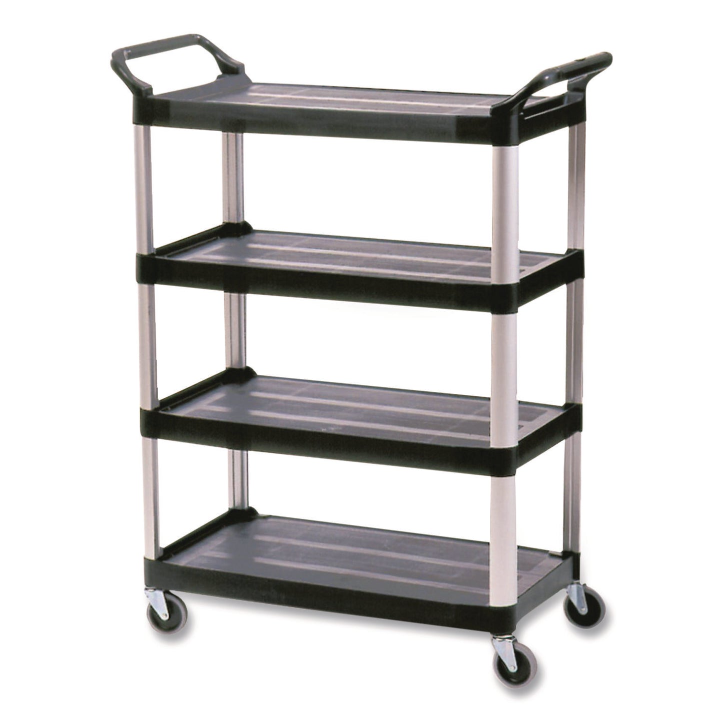 Xtra Utility Cart with Open Sides, Plastic, 4 Shelves, 400 lb Capacity, 40.63" x 20" x 51", Black