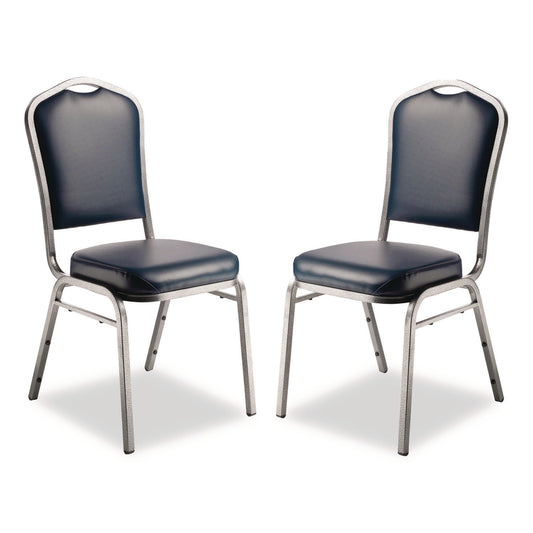 9300 Series Deluxe Upholstered Stack Chair, Vinyl, Supports 500 lb, 19" Seat Ht, Midnight Blue Seat/Back, Silver Base, 2/Pack