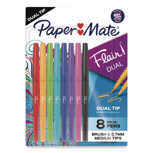 Flair Dual Porous Point Pen, Stick, Medium 0.7 mm Bullet, Pressure-Sensitive Brush, Assorted Ink and Barrel Colors, 8/Pack