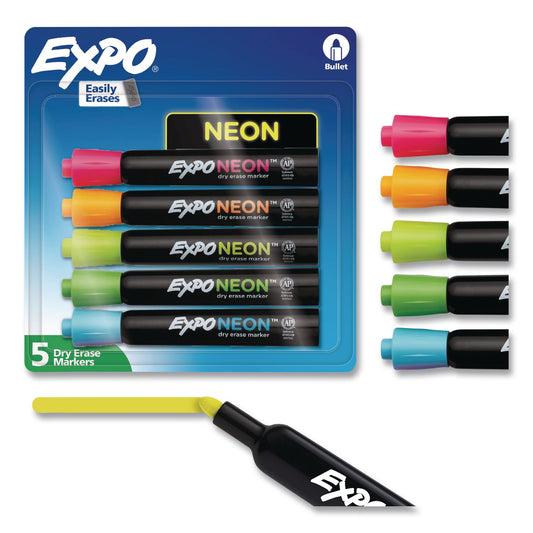 Neon Windows Dry Erase Marker, Broad Bullet Tip, Assorted Colors, 5/pack