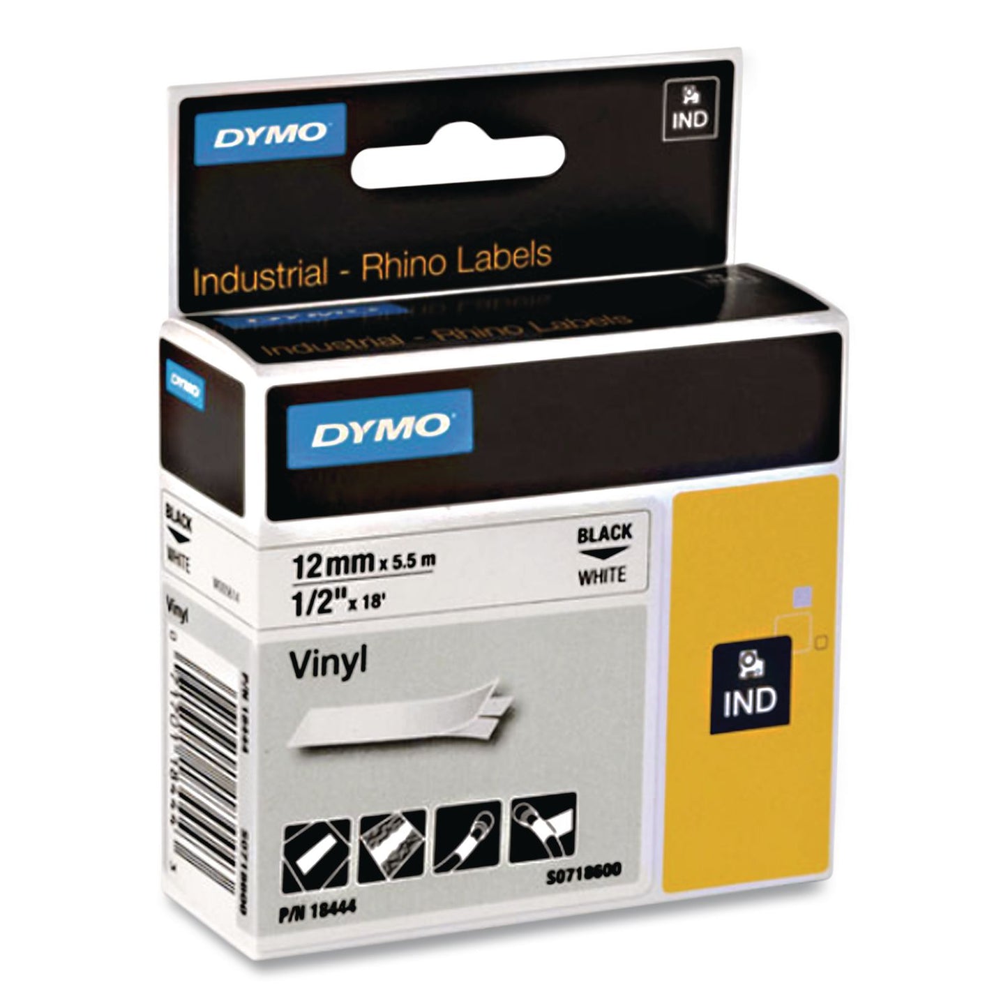 Rhino Permanent Vinyl Industrial Label Tape, 0.5" X 18 Ft, Black/white Print