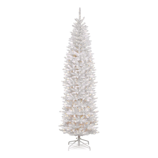Pre-Lit Kingswood Fir Pencil Slim Tree, 35" x 35" x 108", White Tree, White Tree Stand
