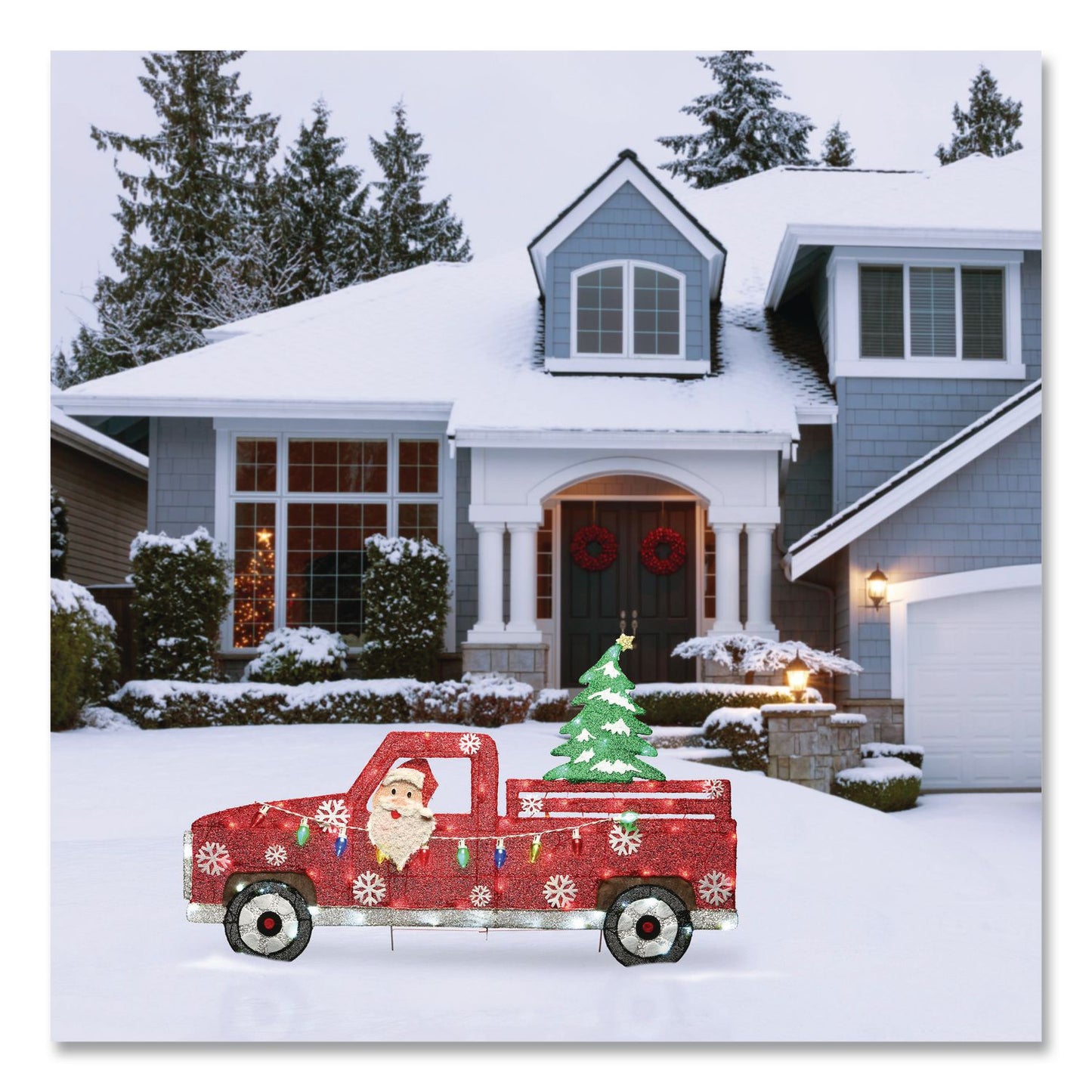 Pre-Lit Santa in Red Truck, AC Powered, Blue/Green/Red/Yellow LED Lights, 11" x 46" x 27", Red