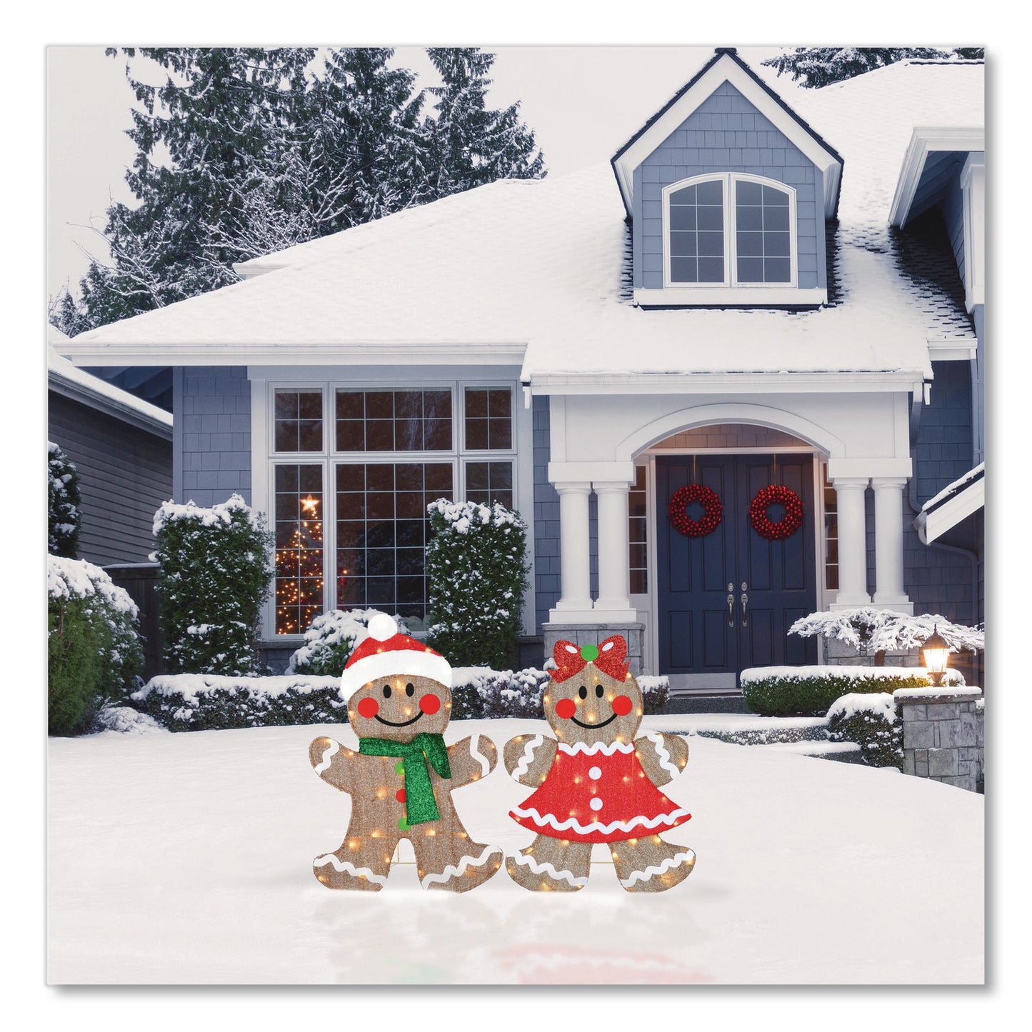 Pre-Lit Gingerbread Cookie Couple, AC Powered, Warm White LED Lights, 12" x 24" x 35", Assorted Colors