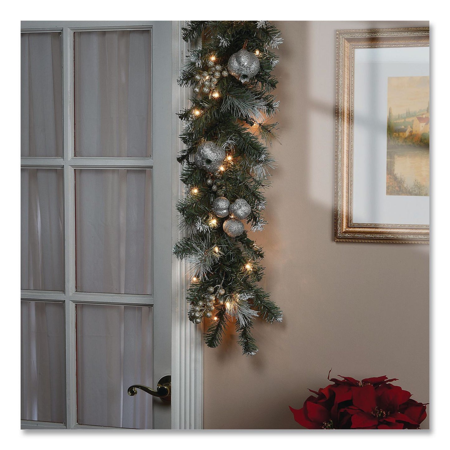 Pre-Lit Glittery Pine Pomegranate Garland, AC Powered, Clear Incandescent Lights, 108" Long, Green